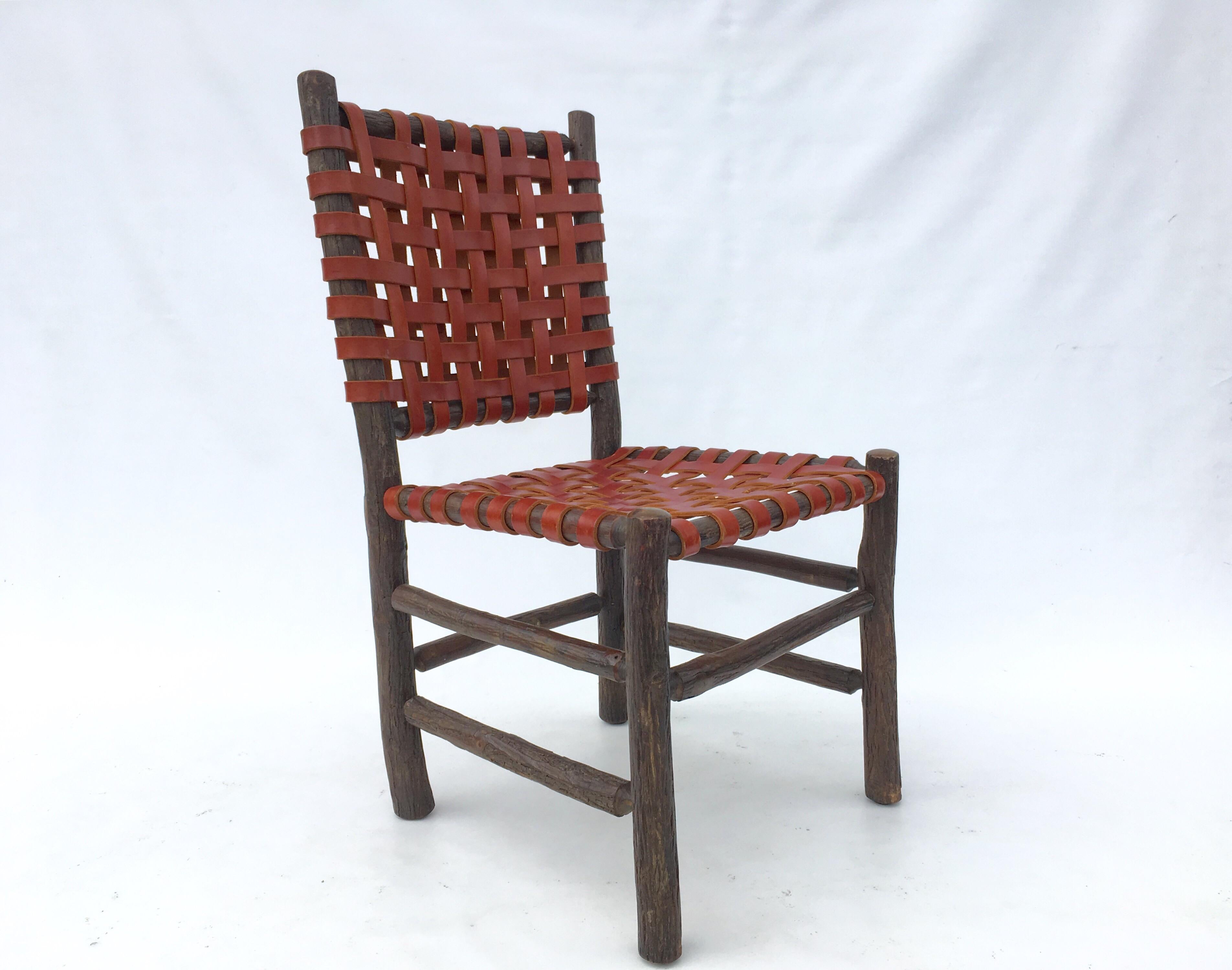 Six Old Hickory Dining Chairs with Woven Cognac Saddle Leather 3