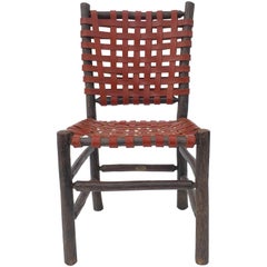 Six Old Hickory Dining Chairs with Woven Cognac Saddle Leather