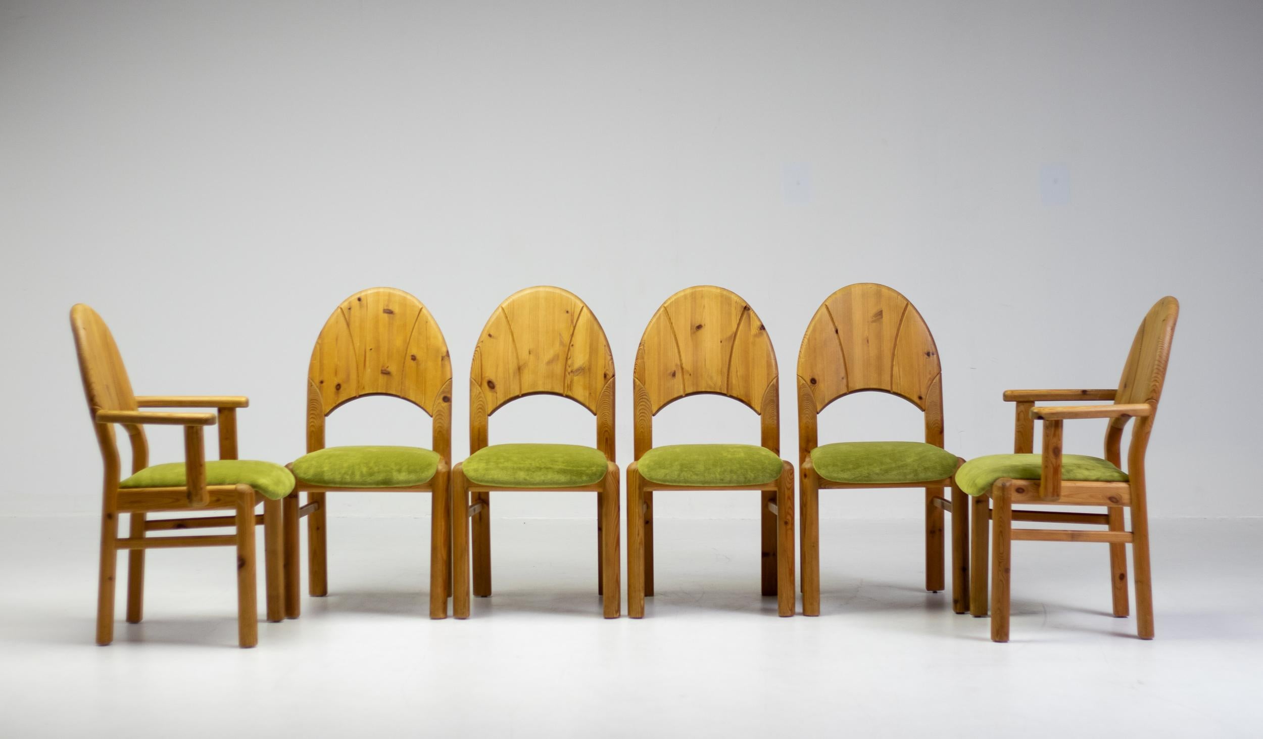 Wonderfully Scandinavian Mid Century Modern carved set of 4 side chairs and 2 arm chairs in Oregon pine with a new upholstery in grass green terry cloth. This is a very friendly and welcoming set. The dimensions are suitable for contemporary people,