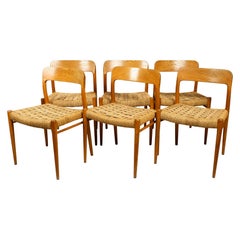 Six Original 1960s Niels O. Møller Model 75 Oak Chairs with Cord Plaiting Seats