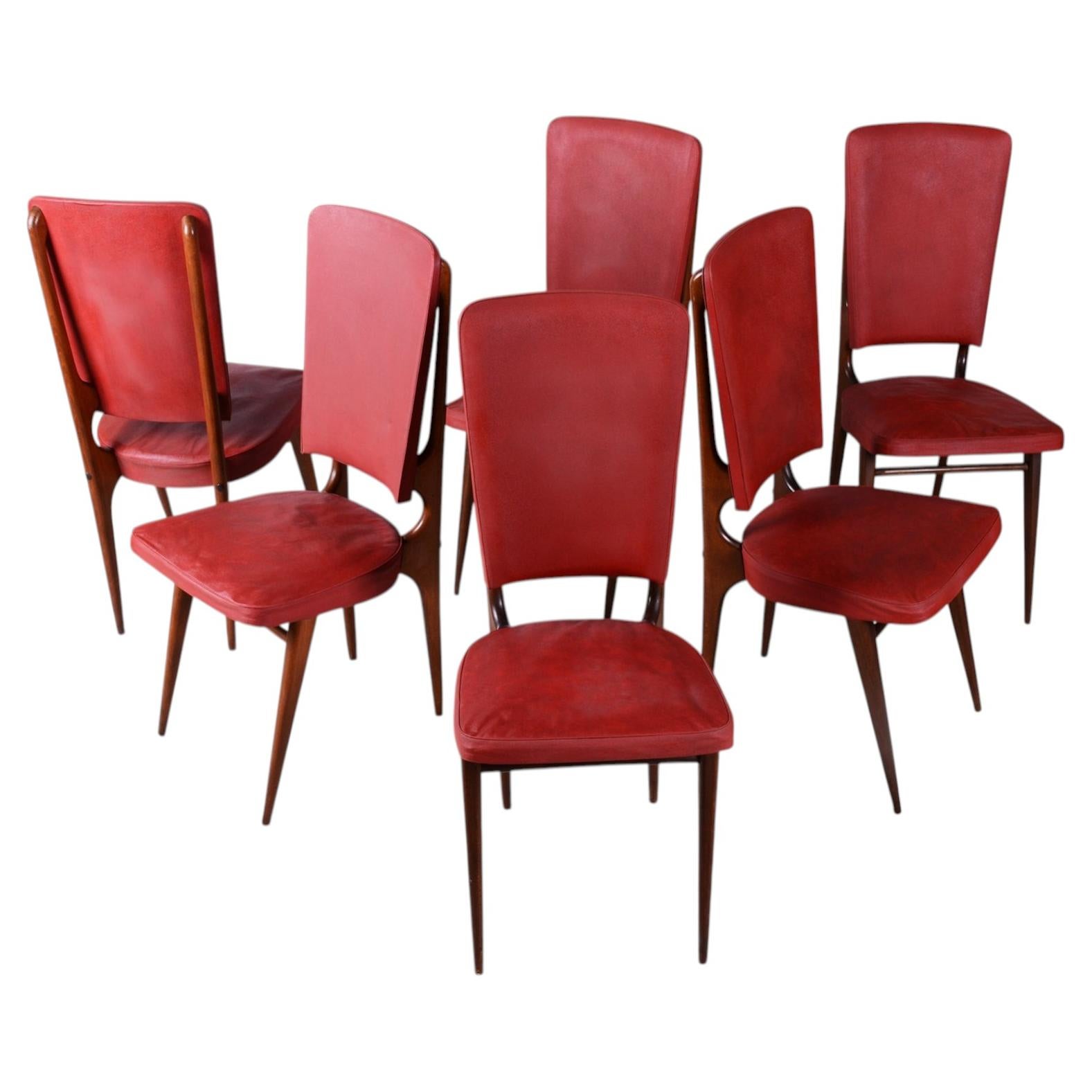 Six Original Art Deco Chairs, by Jules Leleu for Stella, Polish, France, 1940s