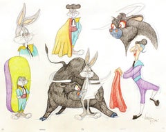 SIX ORIGINAL DRAWINGS OF BUGS BUNNY IN THE BULL FIGHTER - Signed By Virgil Ross