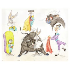 SIX ORIGINAL DRAWINGS OF BUGS BUNNY IN THE BULL FIGHTER - Signed By Virgil Ross