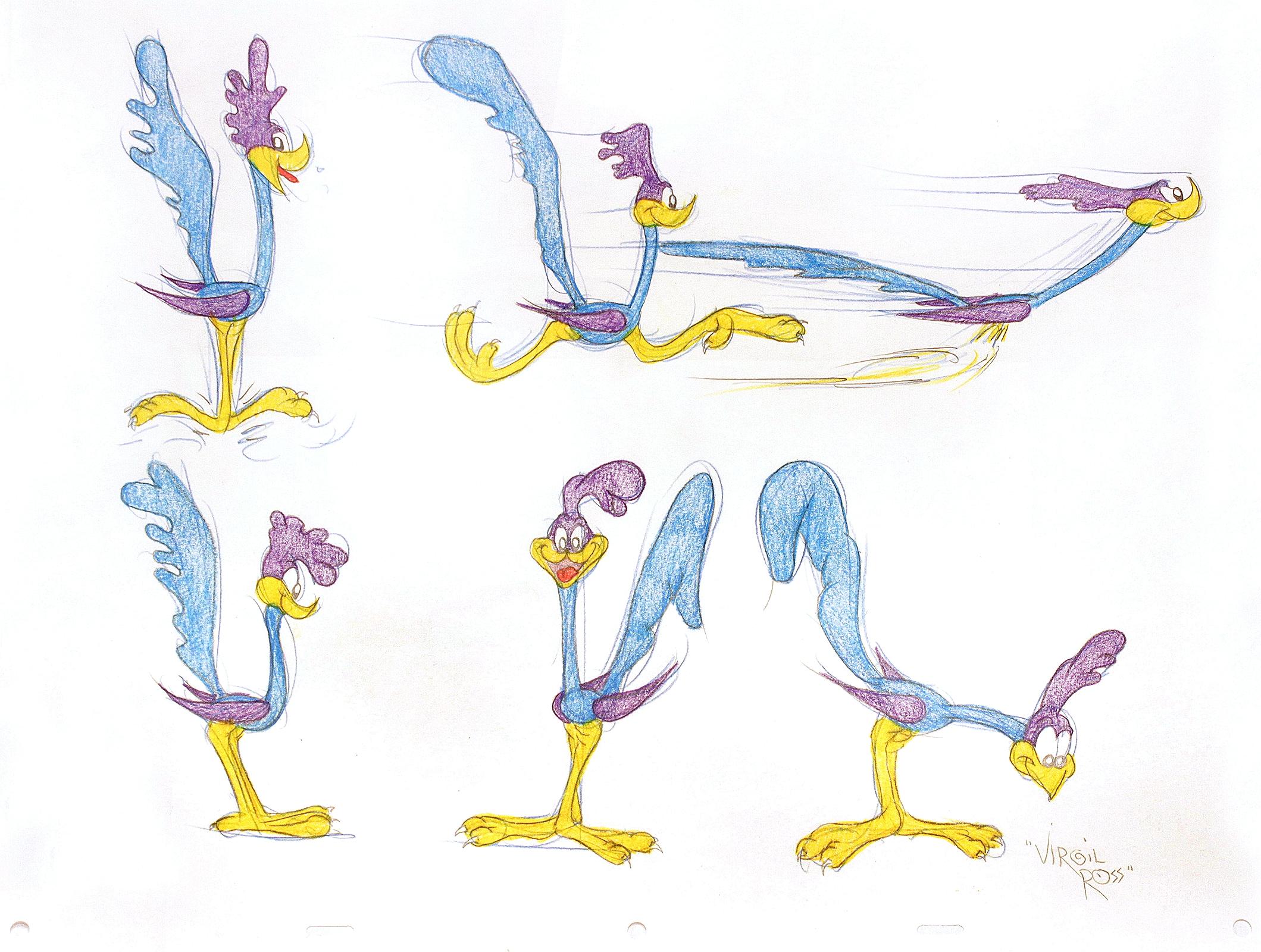 SIX ORIGINAL DRAWINGS OF THE ROAD RUNNER - Signed By Virgil Ross In Excellent Condition In Hillsborough, NJ