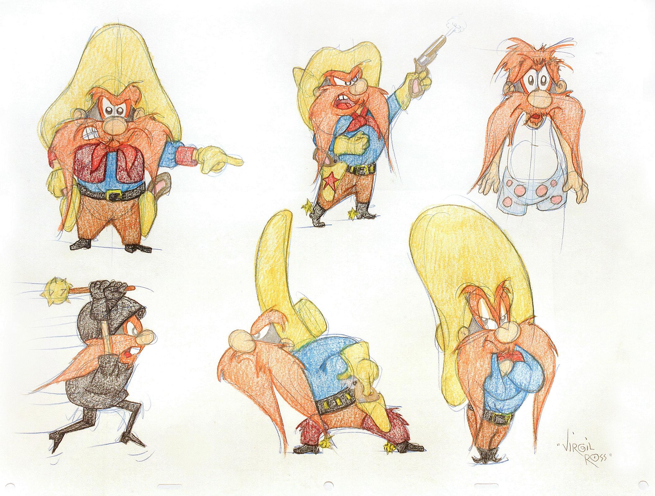 SIX ORIGINAL DRAWINGS OF YOSEMITE SAM - Signed By Virgil Ross In Excellent Condition For Sale In Hillsborough, NJ