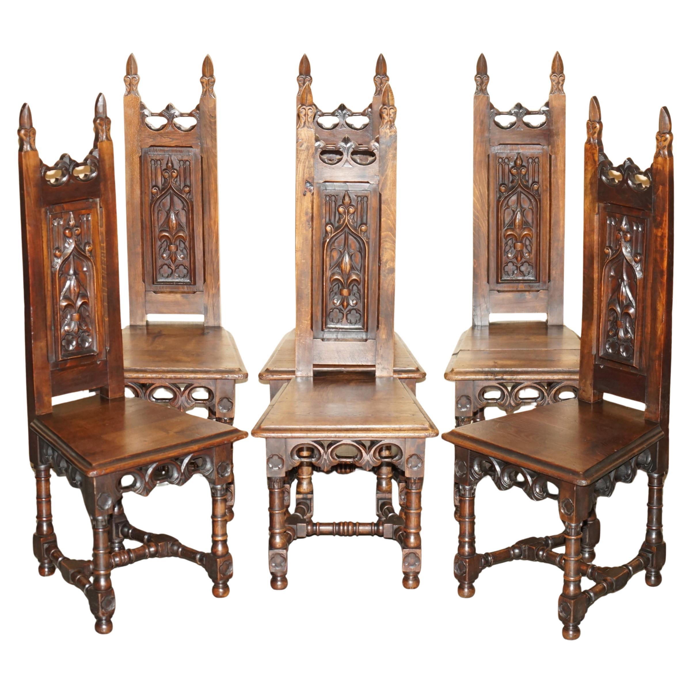 SIX ORIGINAL VICTORIAN CIRCA 1880 STEEPLE BACK GOTHiC ARCH OAK DINING CHAIRS 6