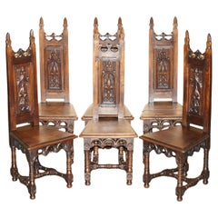 SIX ORIGINAL VICTORIAN CIRCA 1880 STEEPLE BACK GOTHiC ARCH OAK DINING CHAIRS 6