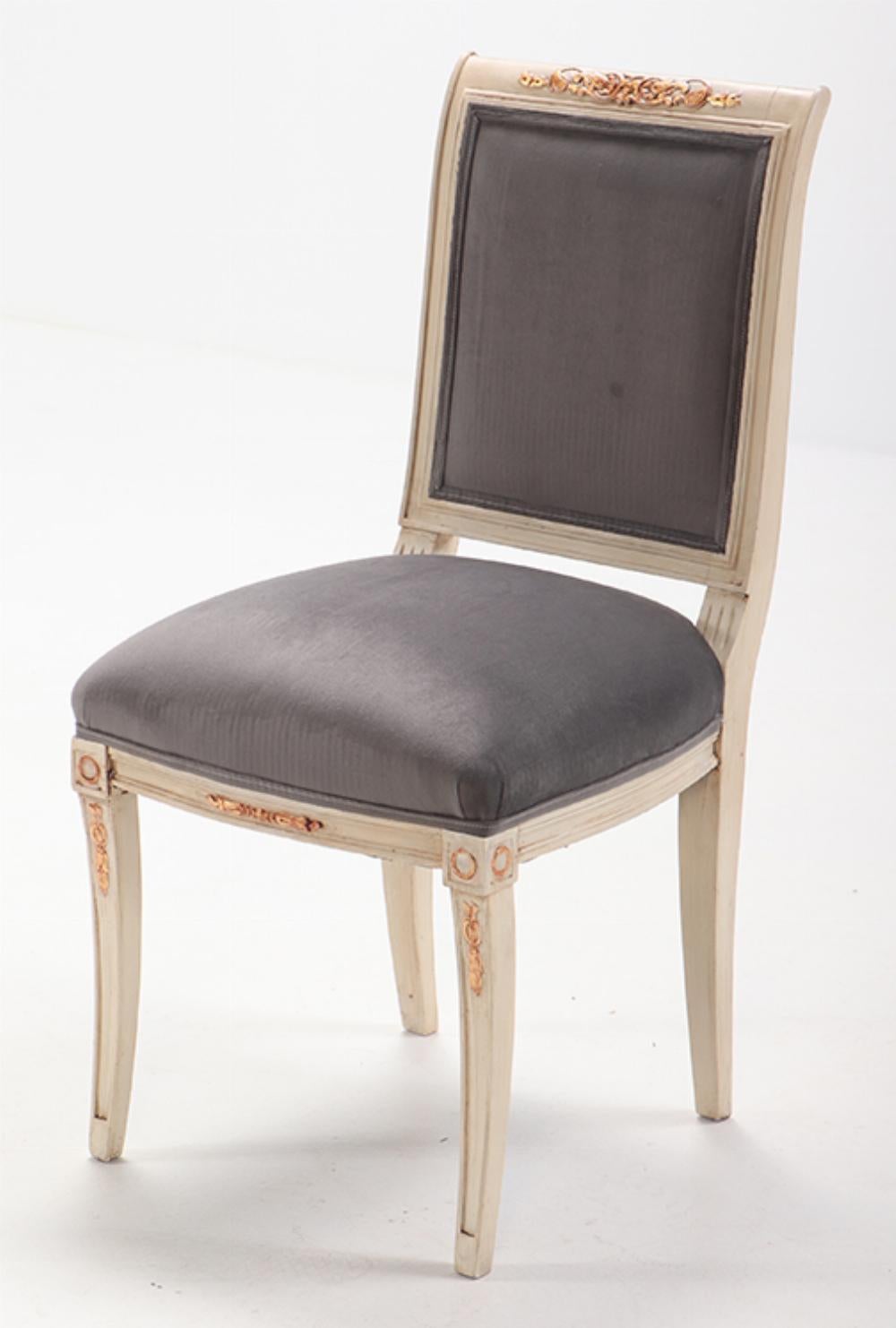 Directoire Six painted and gilt upholstered directoire style dining chairs circa 1940 For Sale