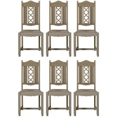 Six Painted Oak and Rush Dining Chairs, circa 1940s