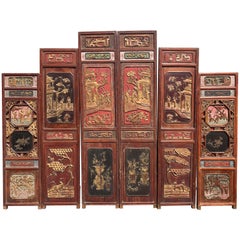 Six-Panel Carved Polychrome and Gilt Chinese Wooden Dressing Screen or Headboard