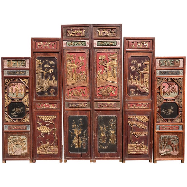 Six Panel Carved Polychrome And Gilt Chinese Wooden Dressing Screen Or Headboard For Sale At 1stdibs