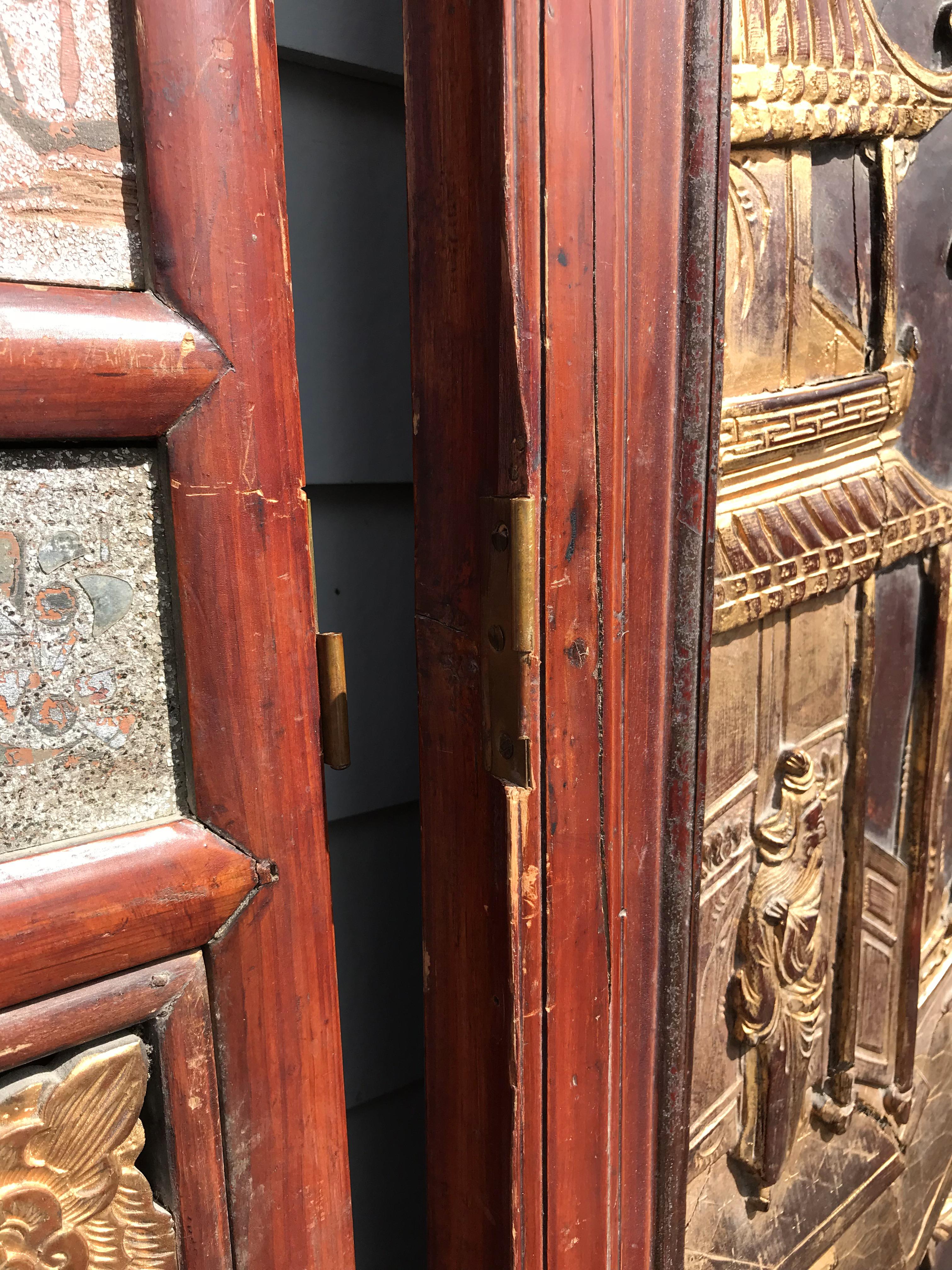 Six-Panel Carved Polychrome and Gilt Chinese Wooden Dressing Screen or Headboard 2