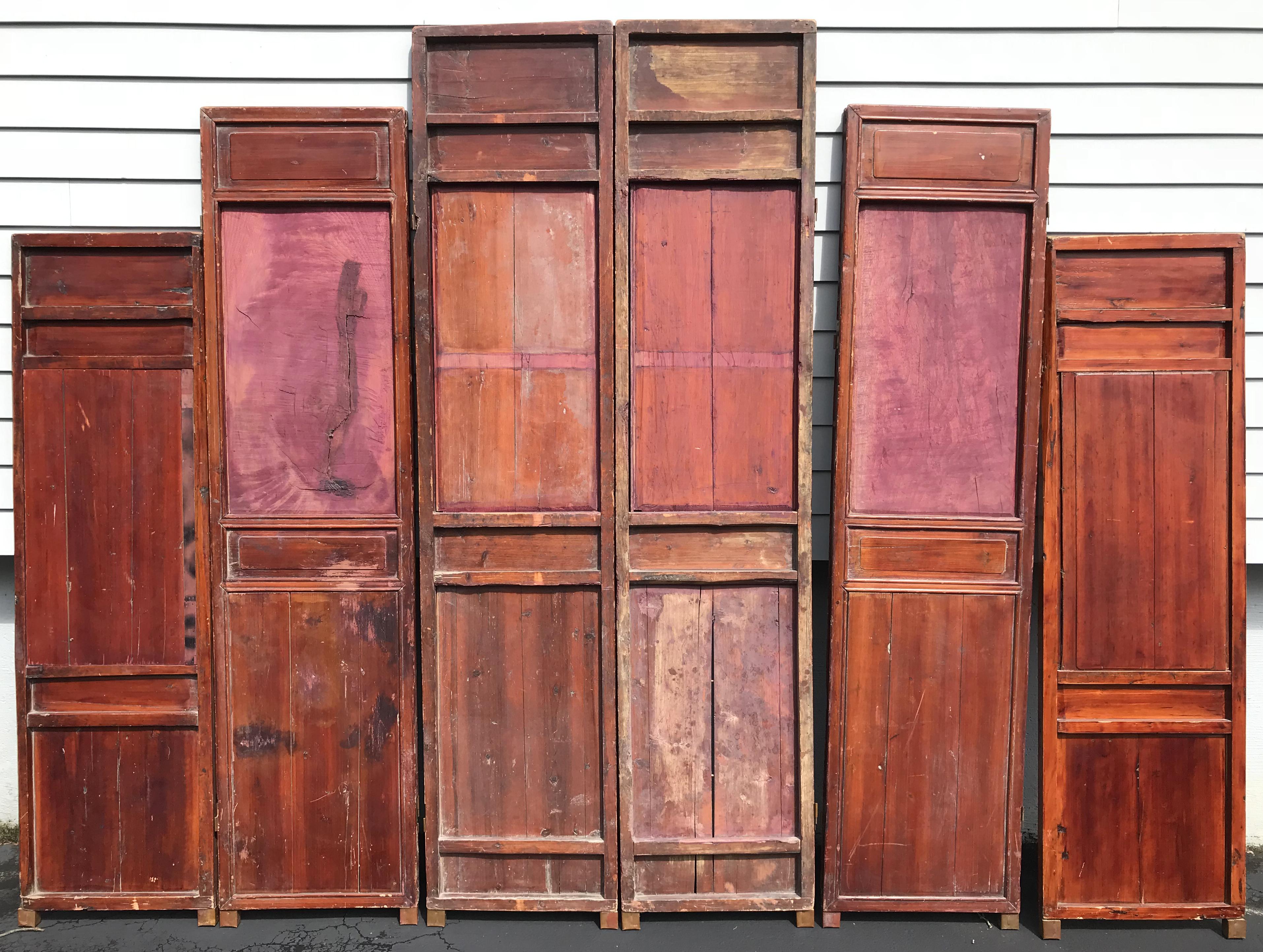Six-Panel Carved Polychrome and Gilt Chinese Wooden Dressing Screen or Headboard 3