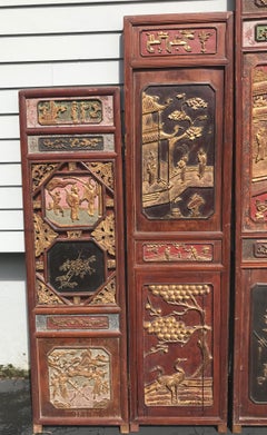 Six-Panel Carved Polychrome and Gilt Chinese Wooden Dressing Screen or Headboard