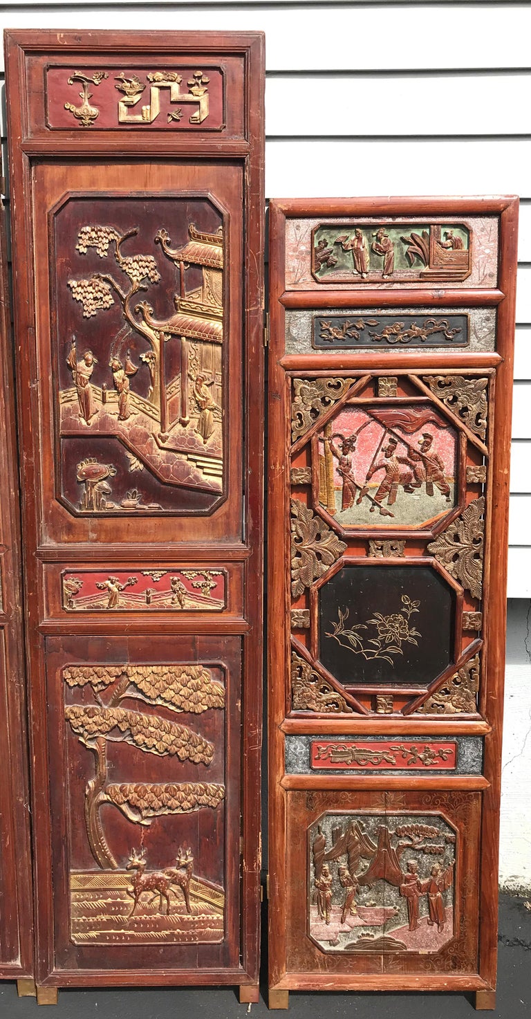 SixPanel Carved Polychrome and Gilt Chinese Wooden Dressing Screen or