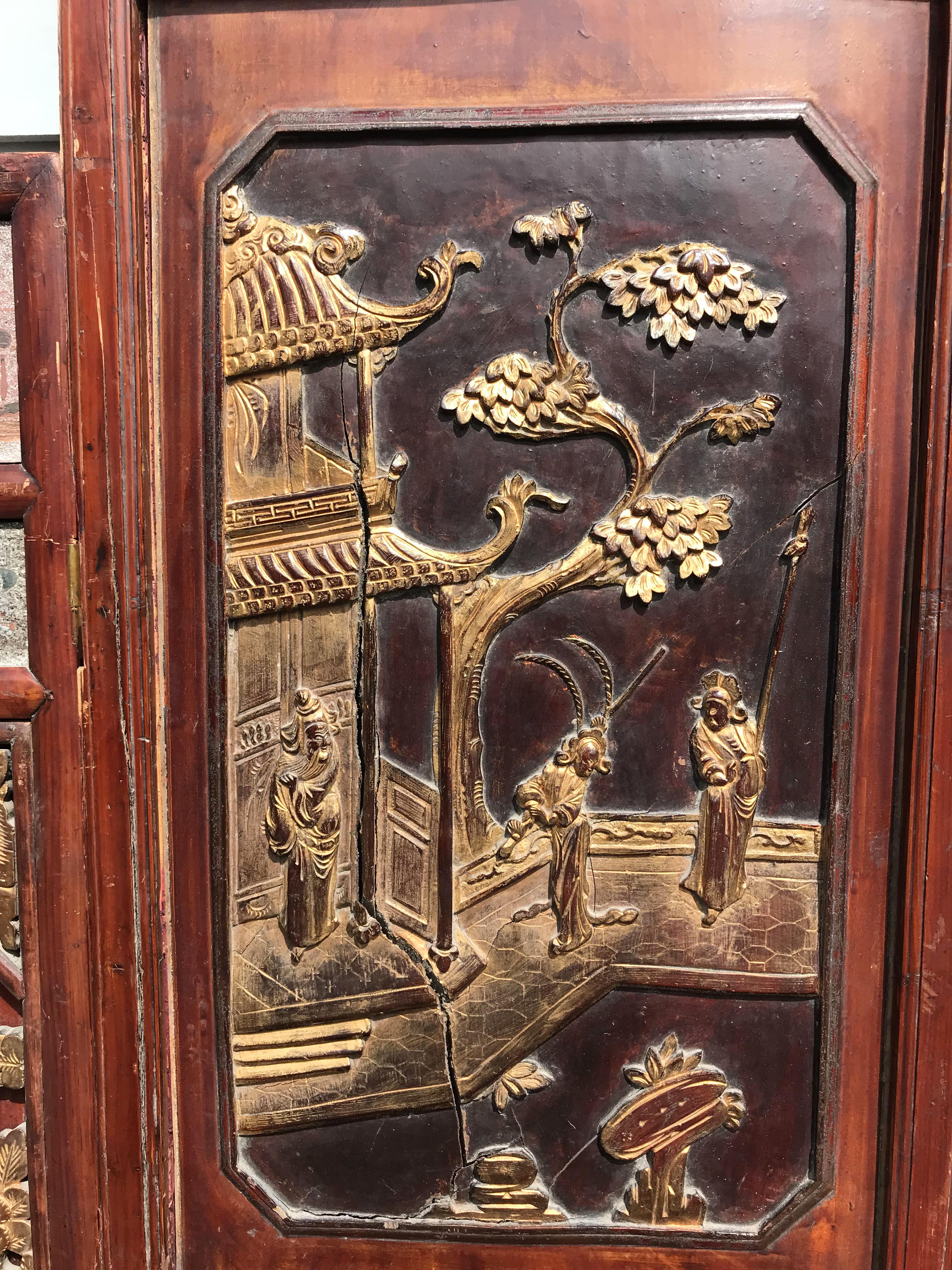 Chinese Export Six-Panel Carved Polychrome and Gilt Chinese Wooden Dressing Screen or Headboard