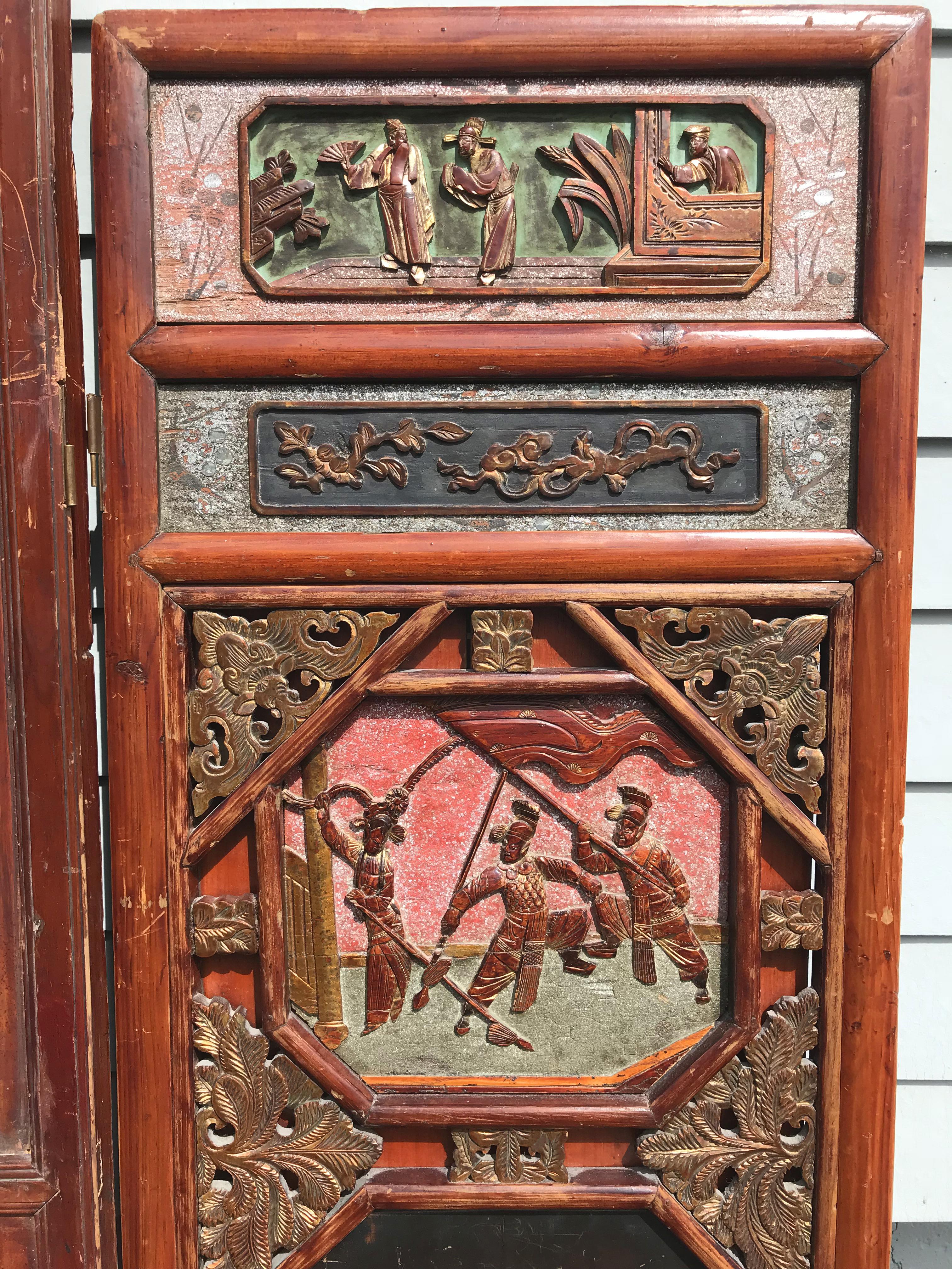Six-Panel Carved Polychrome and Gilt Chinese Wooden Dressing Screen or Headboard In Good Condition In Milford, NH