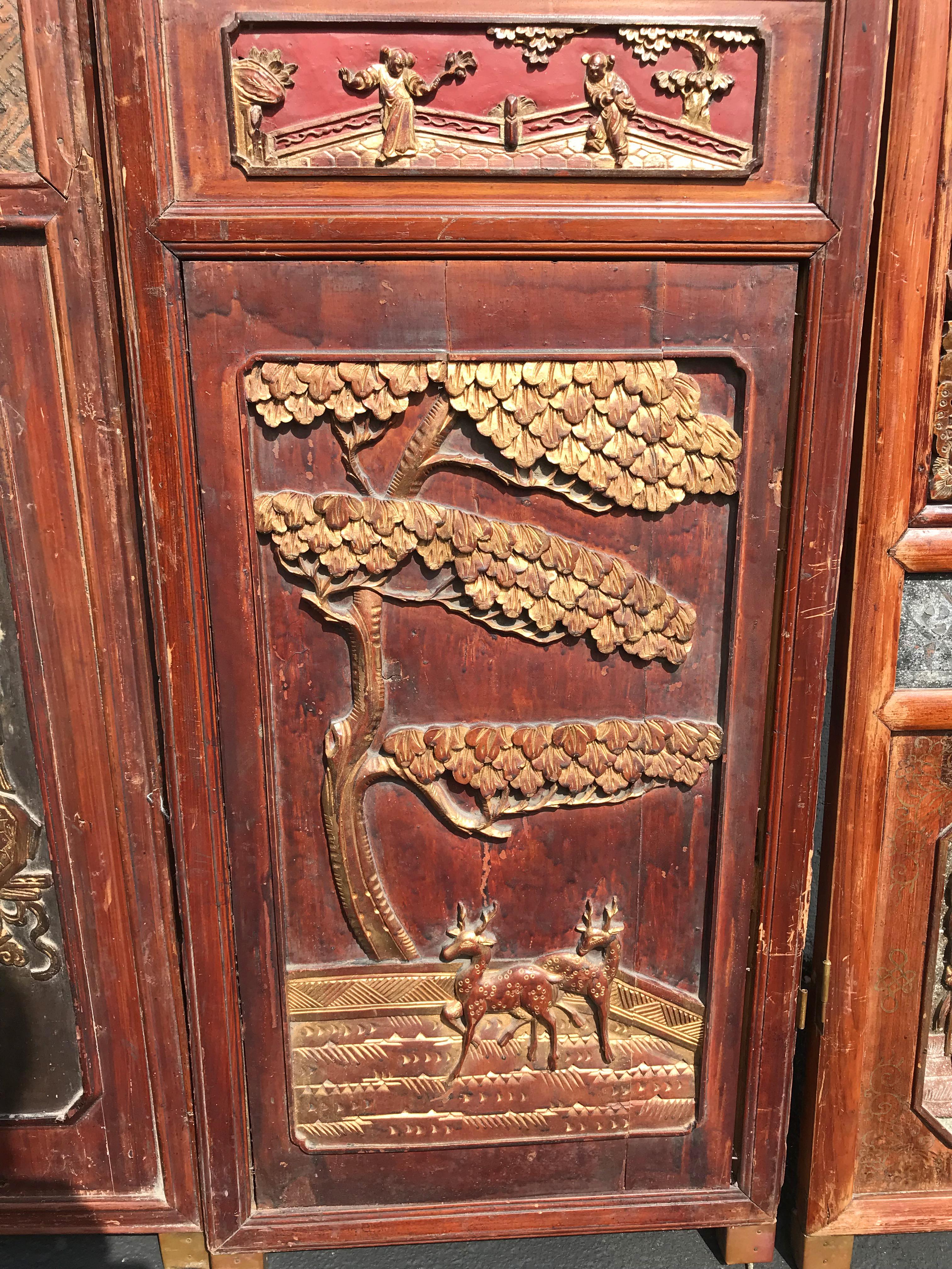 19th Century Six-Panel Carved Polychrome and Gilt Chinese Wooden Dressing Screen or Headboard