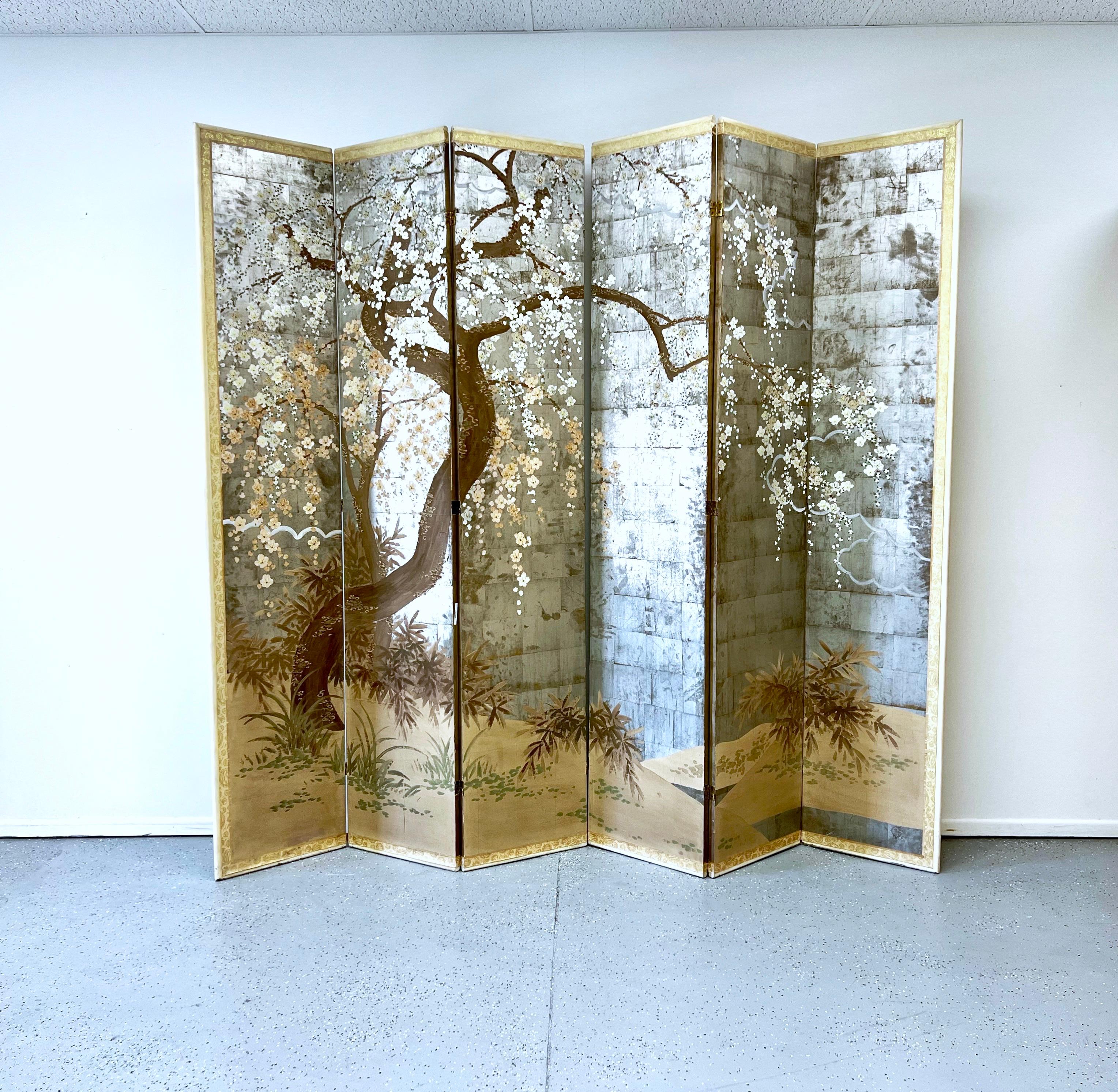 Mid-Century Modern Six Panel Cheery Blossom Folding Screen  For Sale