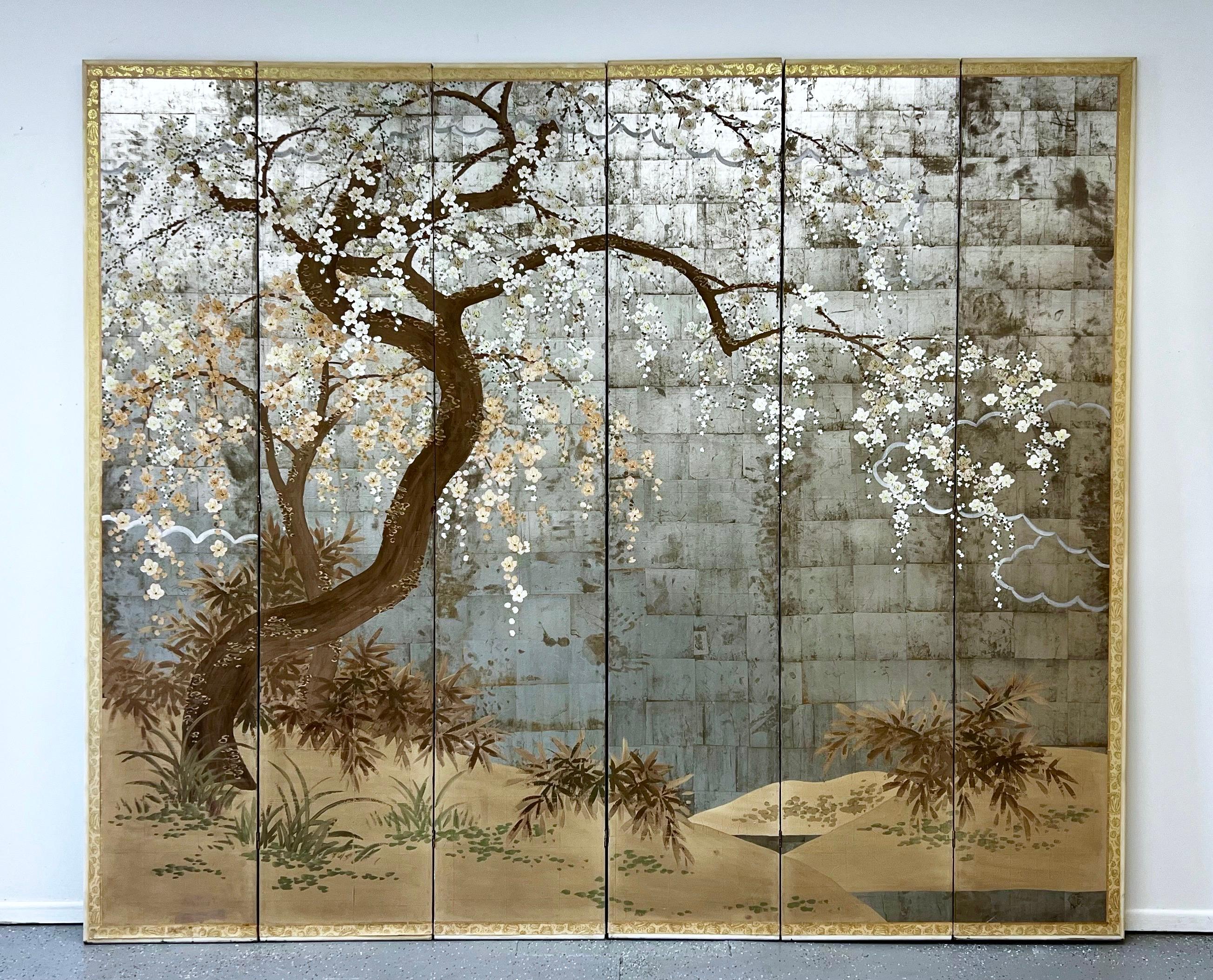 Hand-Crafted Six Panel Cheery Blossom Folding Screen  For Sale