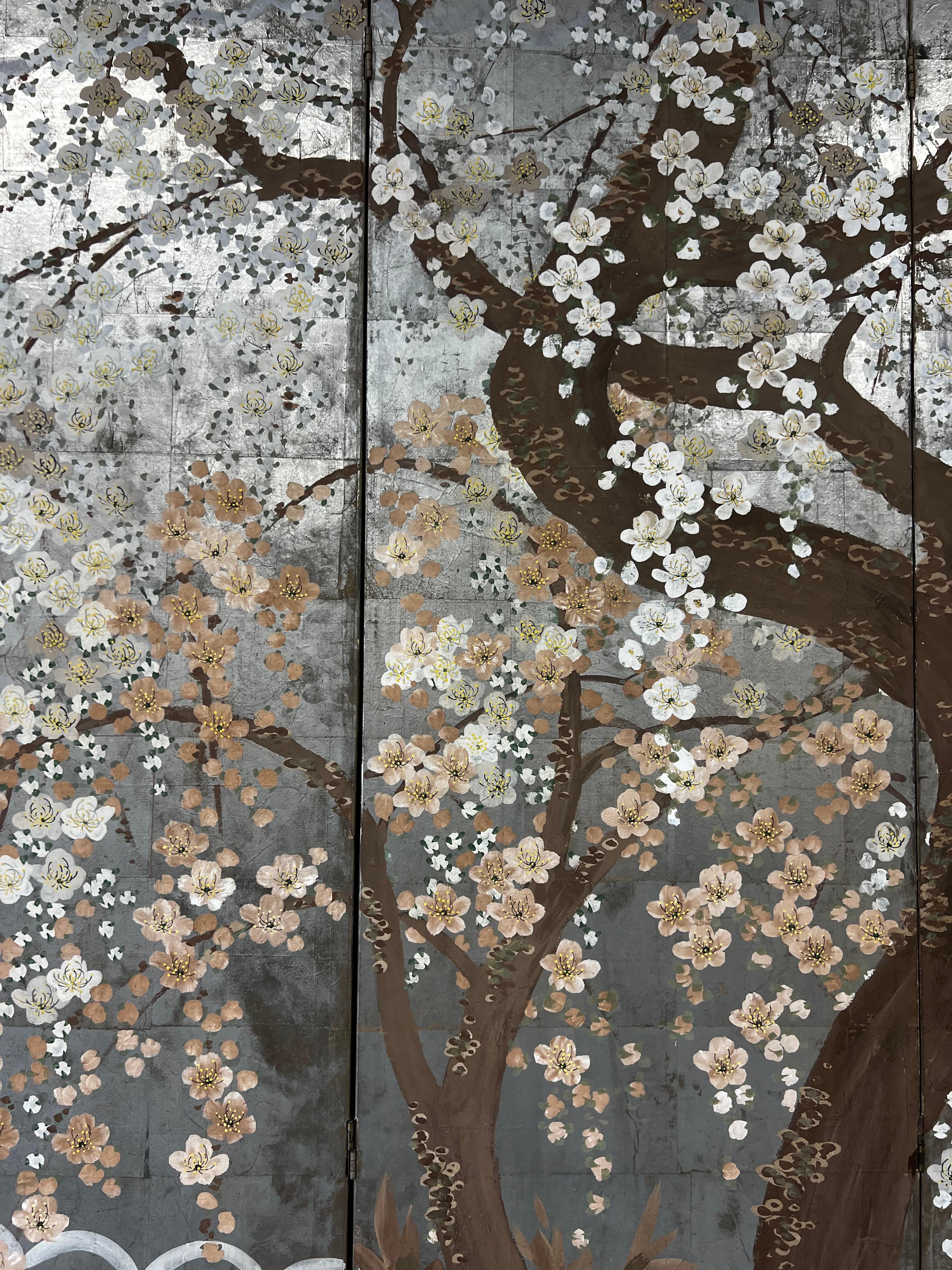 Six Panel Cheery Blossom Folding Screen In Good Condition In Palm Springs, CA
