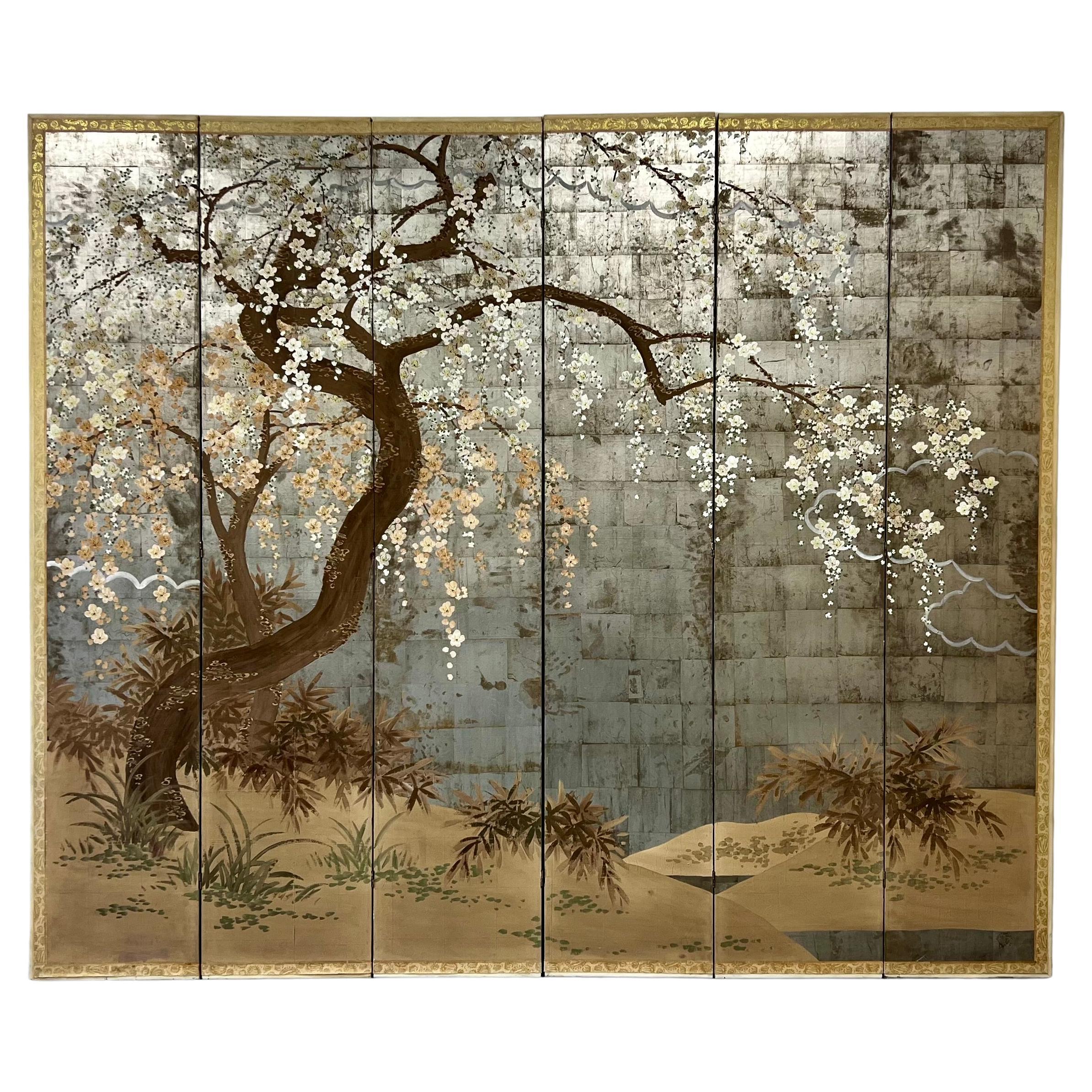 Six Panel Cheery Blossom Folding Screen  For Sale