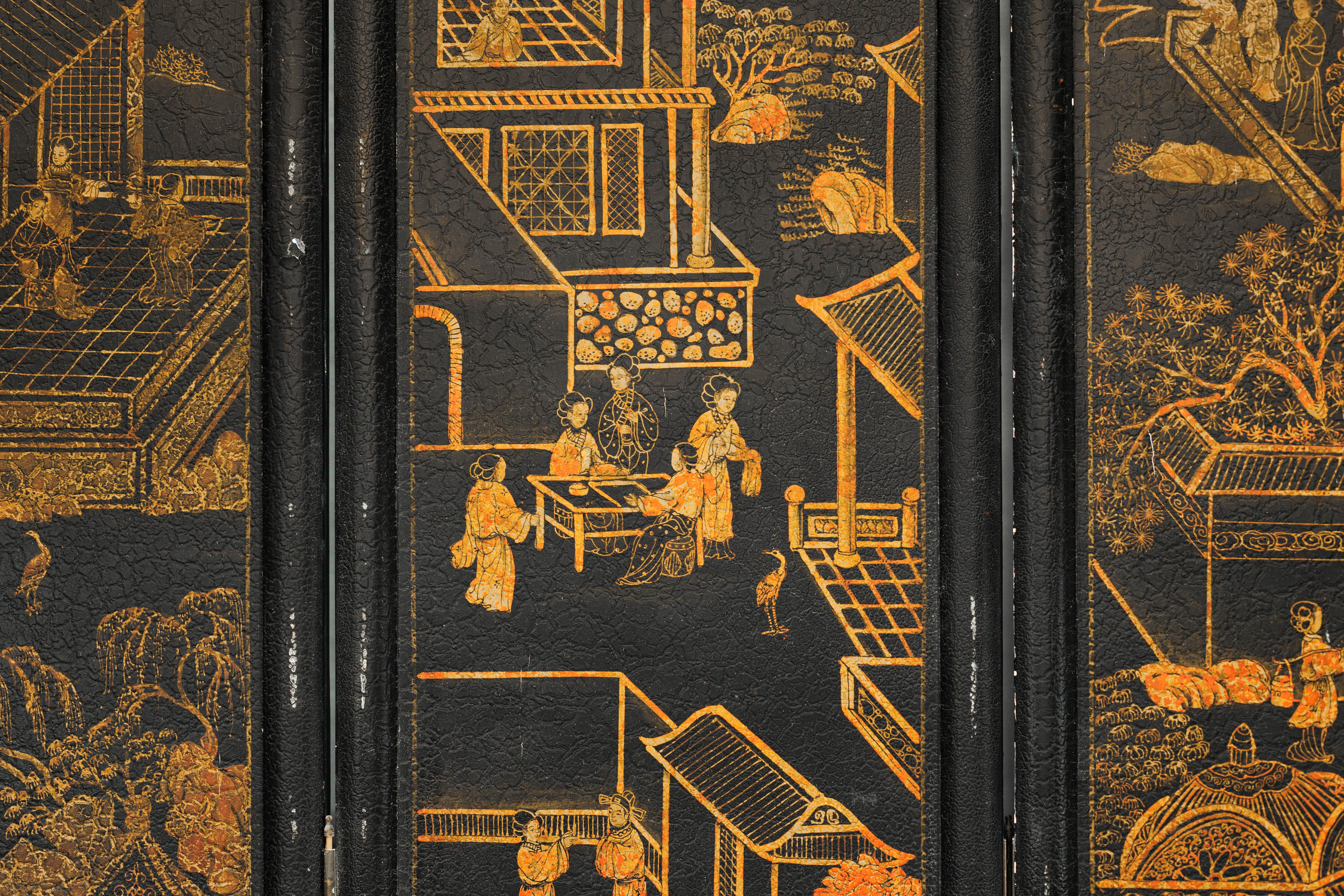 Six-Panel Chinese Black Lacquer Screen with Hand-Painted Court Scenes For Sale 5