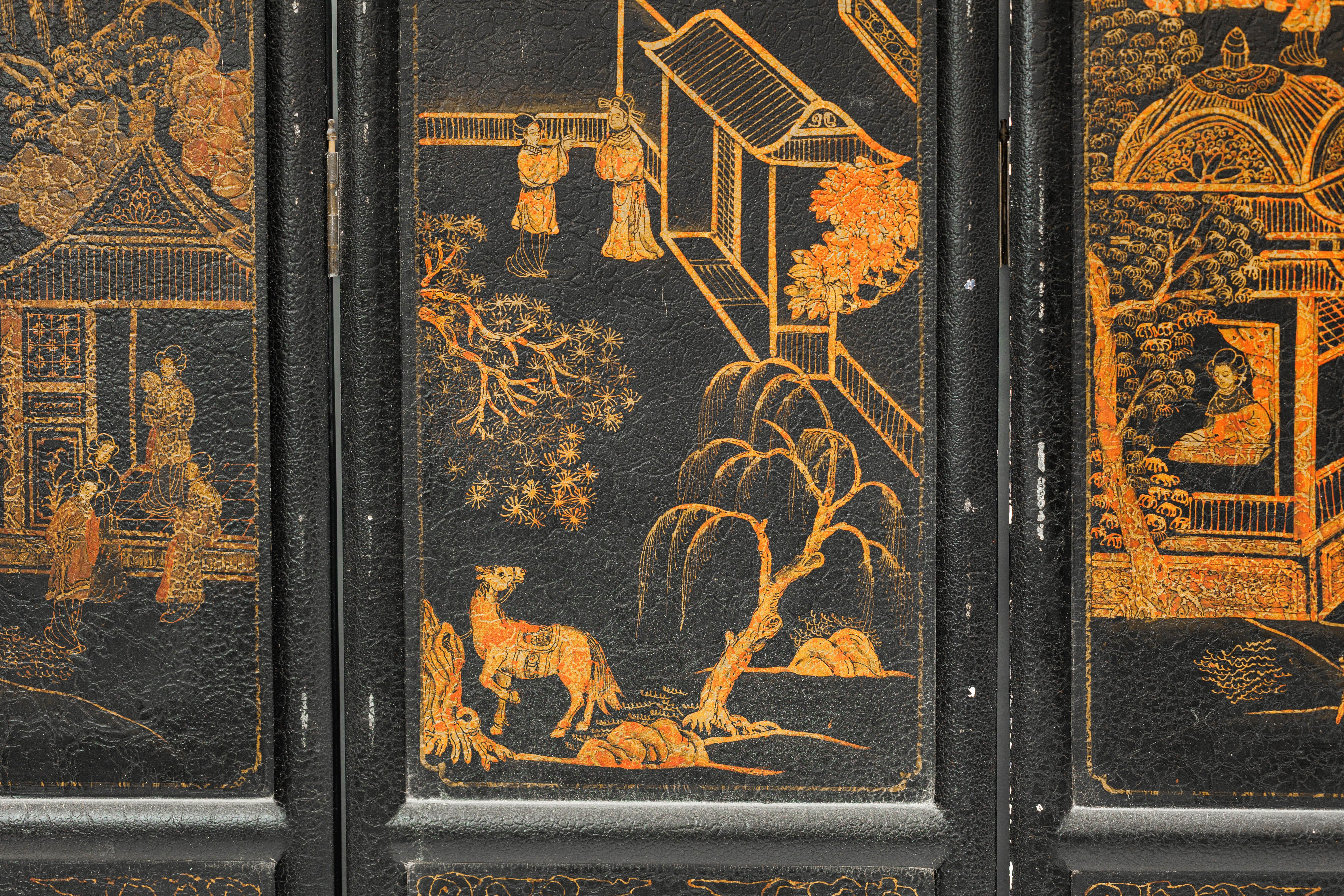 Six-Panel Chinese Black Lacquer Screen with Hand-Painted Court Scenes For Sale 6