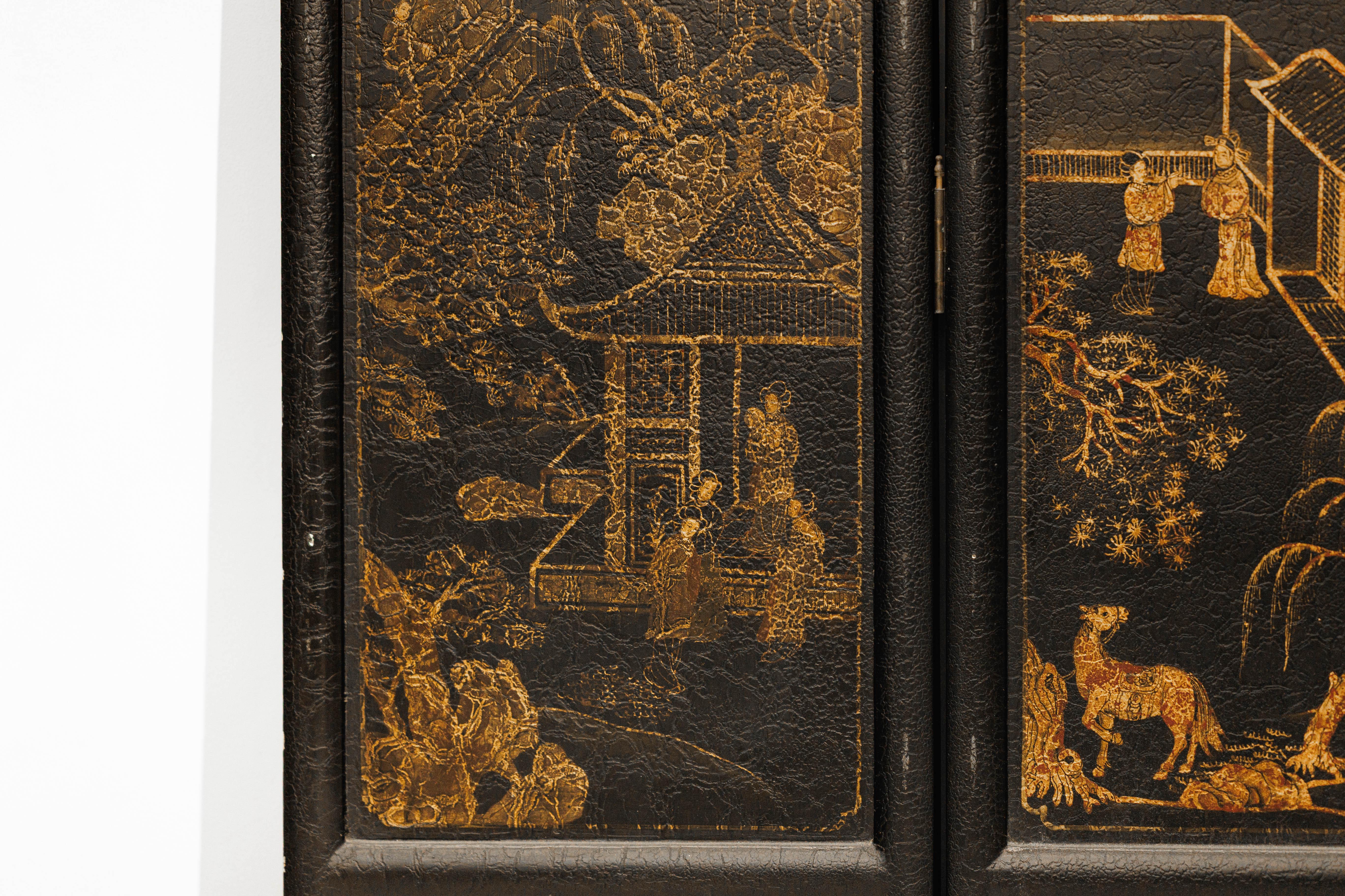 Six-Panel Chinese Black Lacquer Screen with Hand-Painted Court Scenes For Sale 7