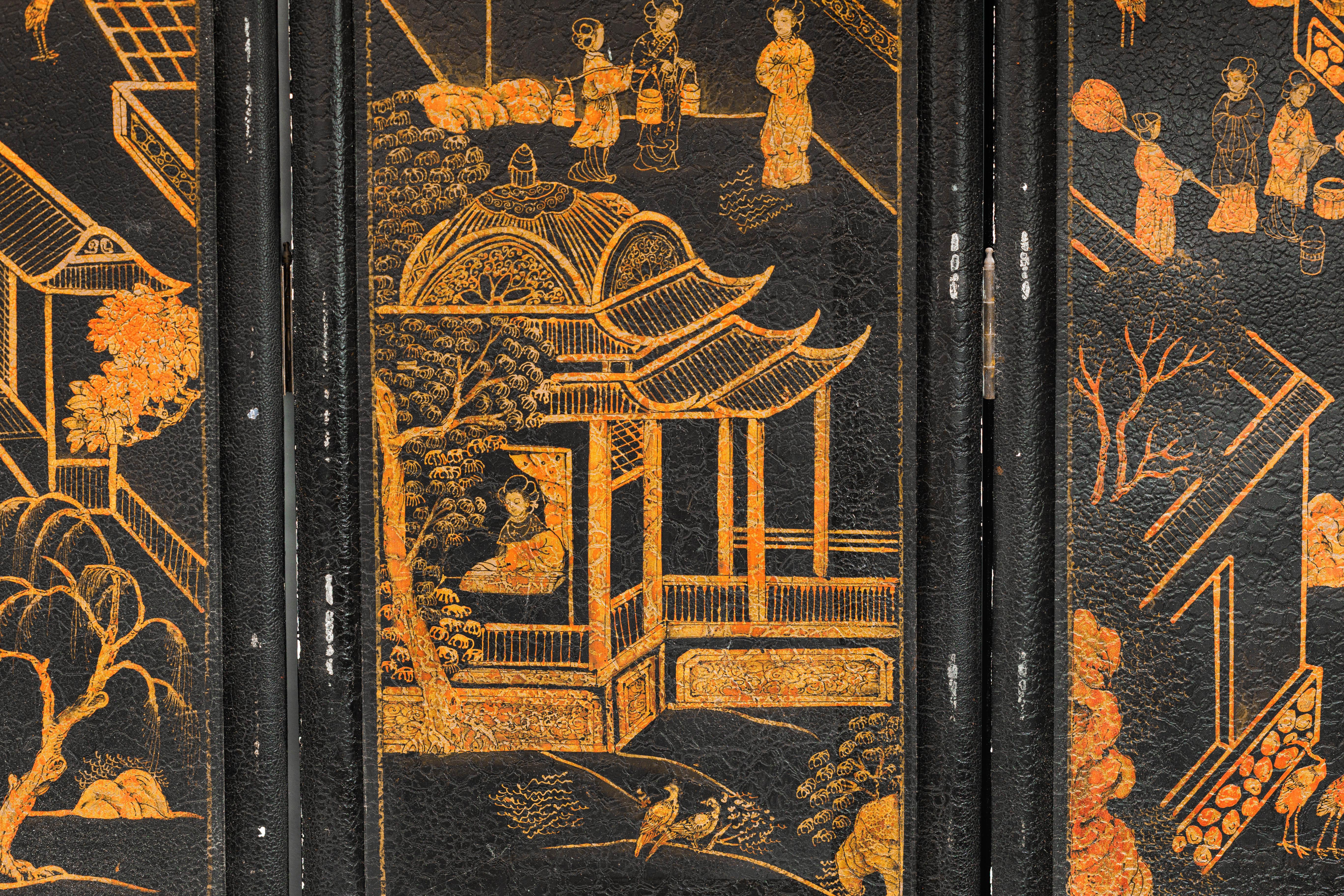 Six-Panel Chinese Black Lacquer Screen with Hand-Painted Court Scenes For Sale 8