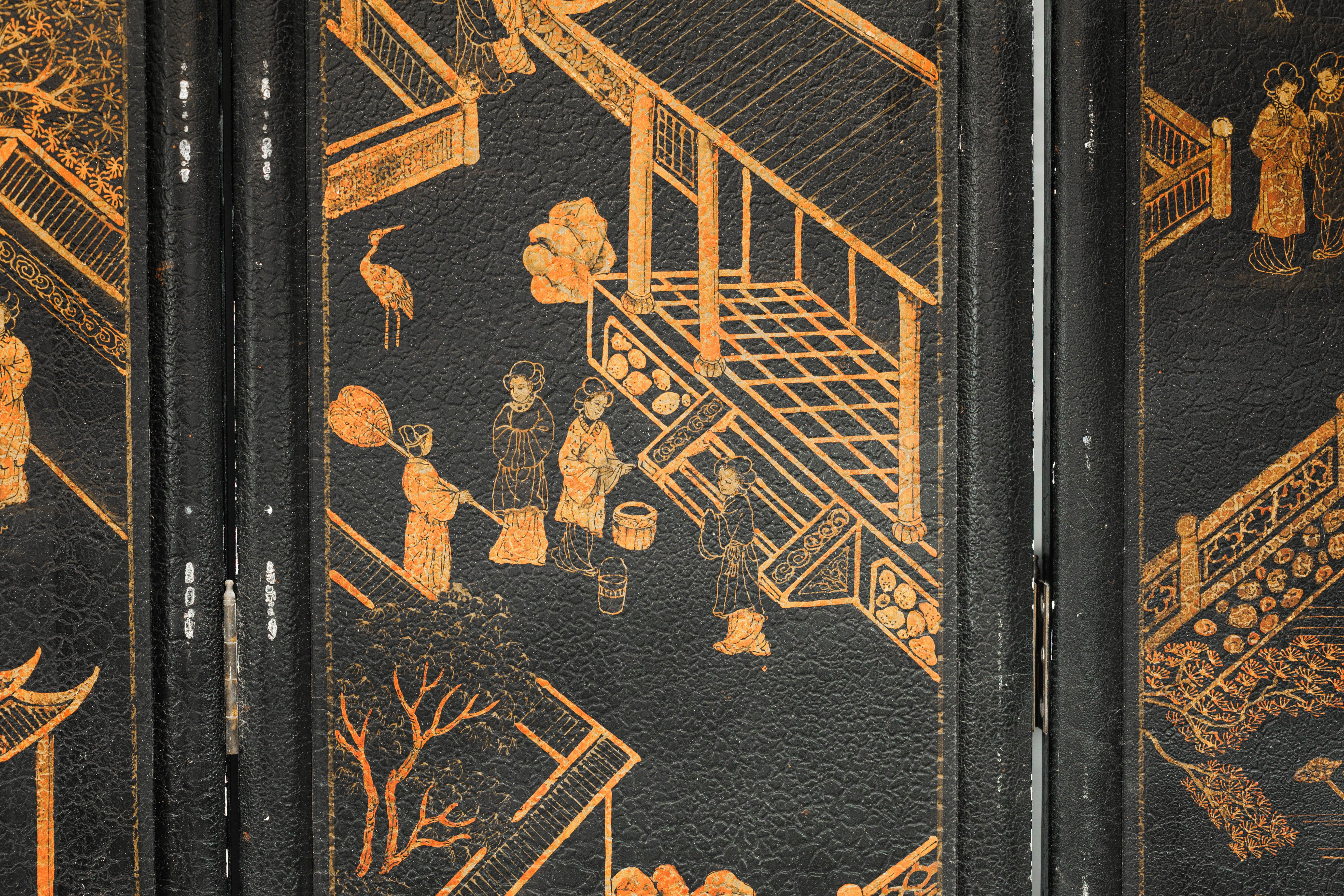 Six-Panel Chinese Black Lacquer Screen with Hand-Painted Court Scenes For Sale 9