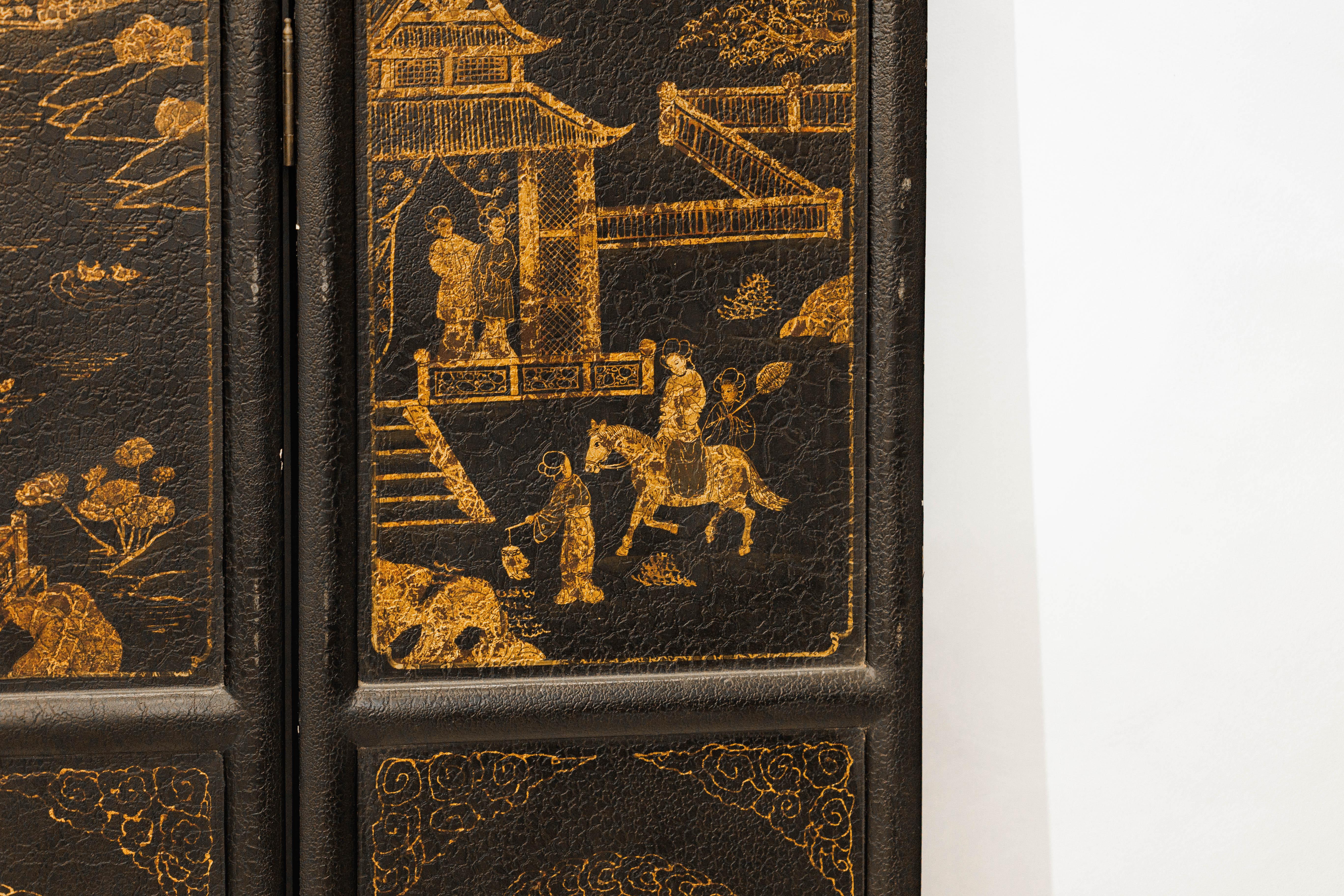 Six-Panel Chinese Black Lacquer Screen with Hand-Painted Court Scenes For Sale 10