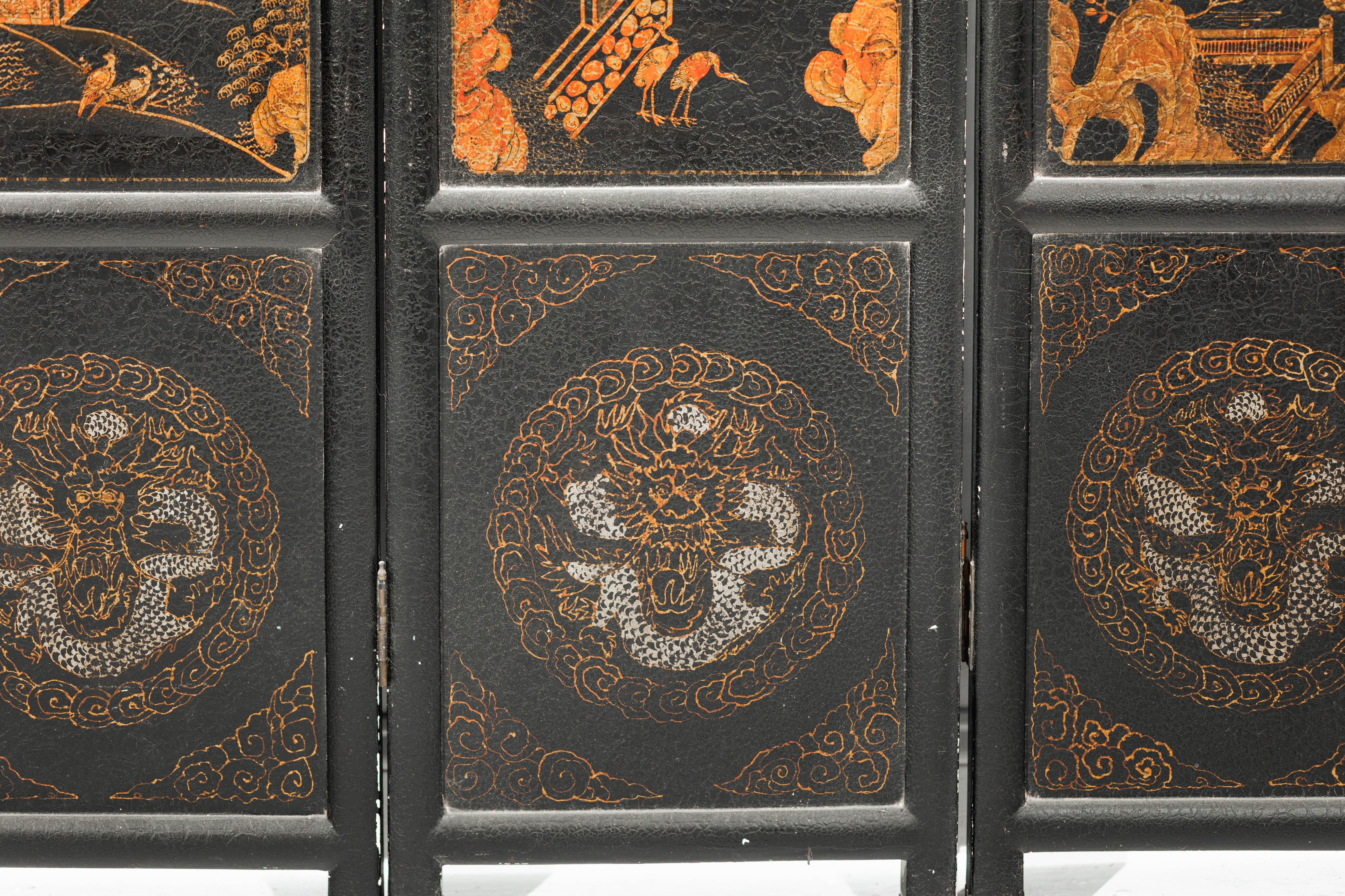 Six-Panel Chinese Black Lacquer Screen with Hand-Painted Court Scenes For Sale 11