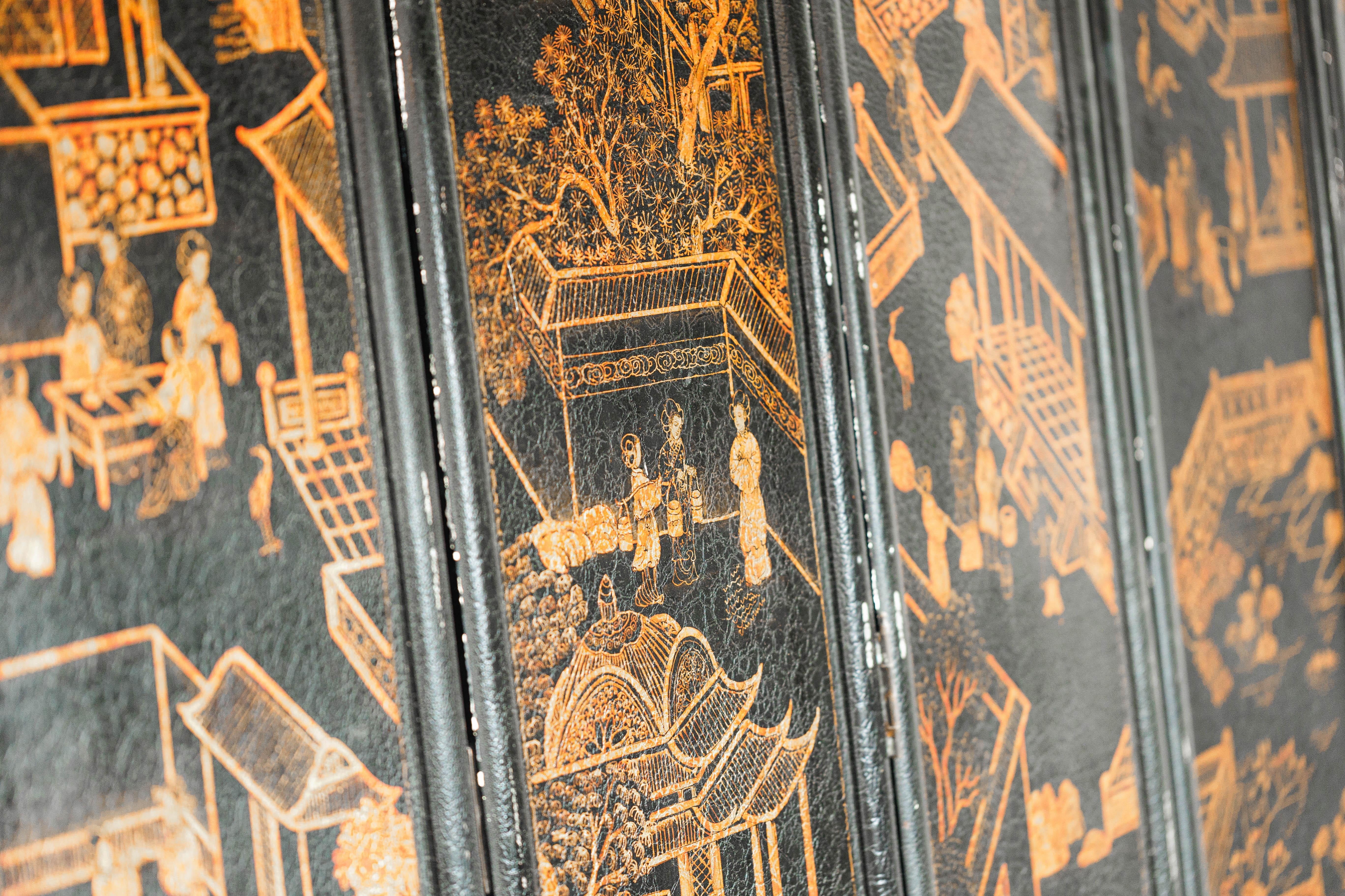 Six-Panel Chinese Black Lacquer Screen with Hand-Painted Court Scenes For Sale 14
