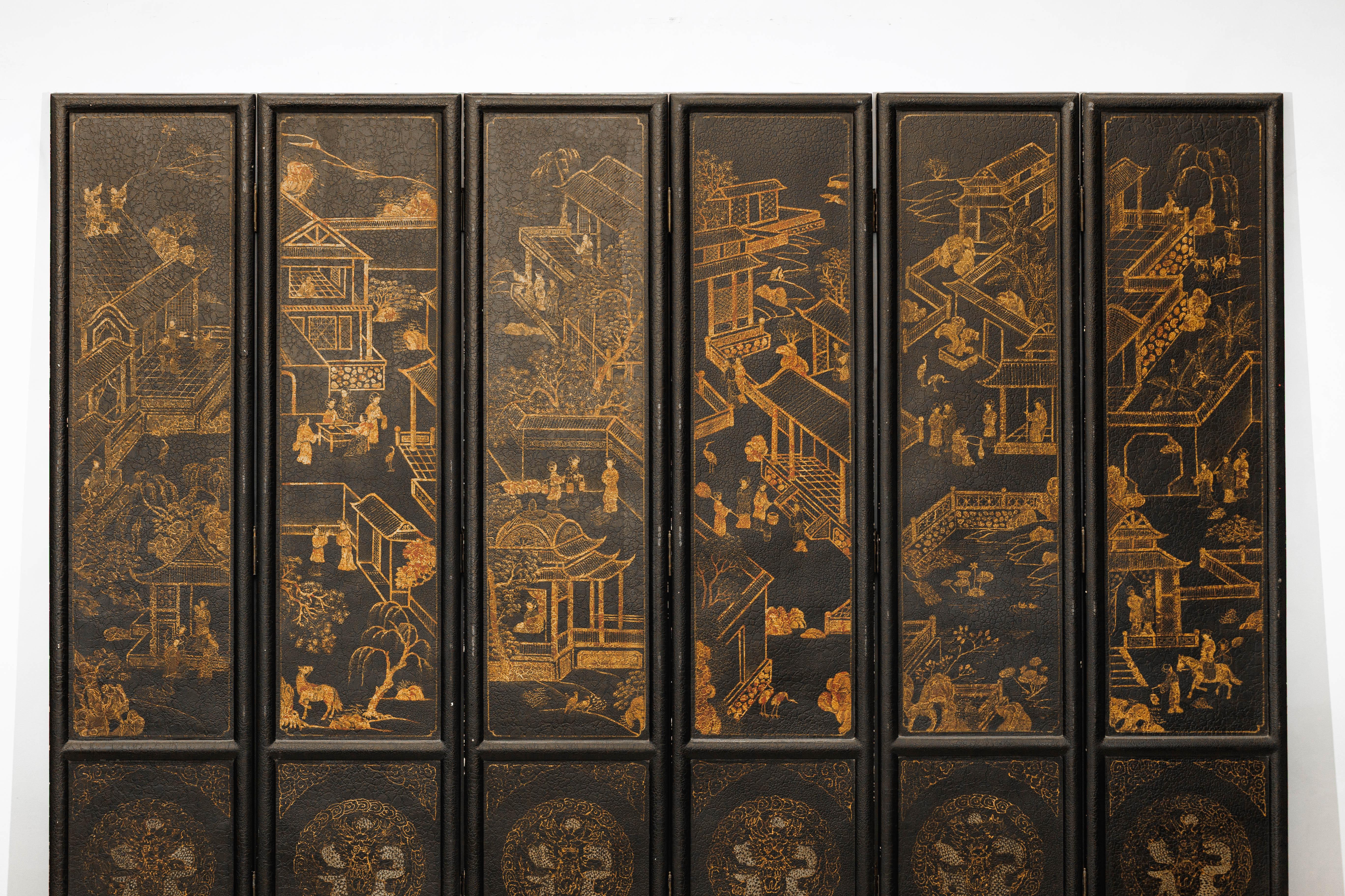 Six-Panel Chinese Black Lacquer Screen with Hand-Painted Court Scenes In Good Condition For Sale In Yonkers, NY