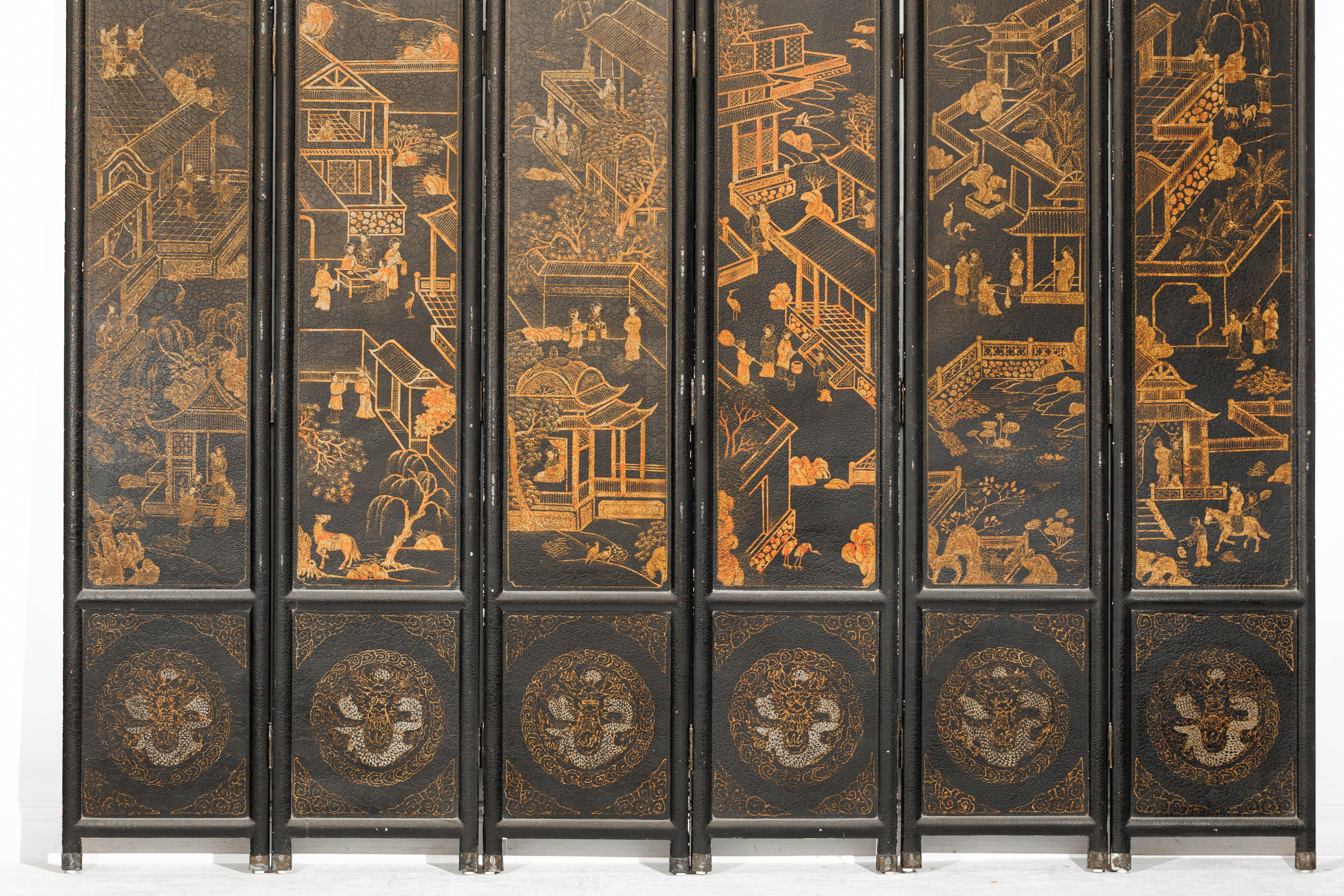 20th Century Six-Panel Chinese Black Lacquer Screen with Hand-Painted Court Scenes For Sale