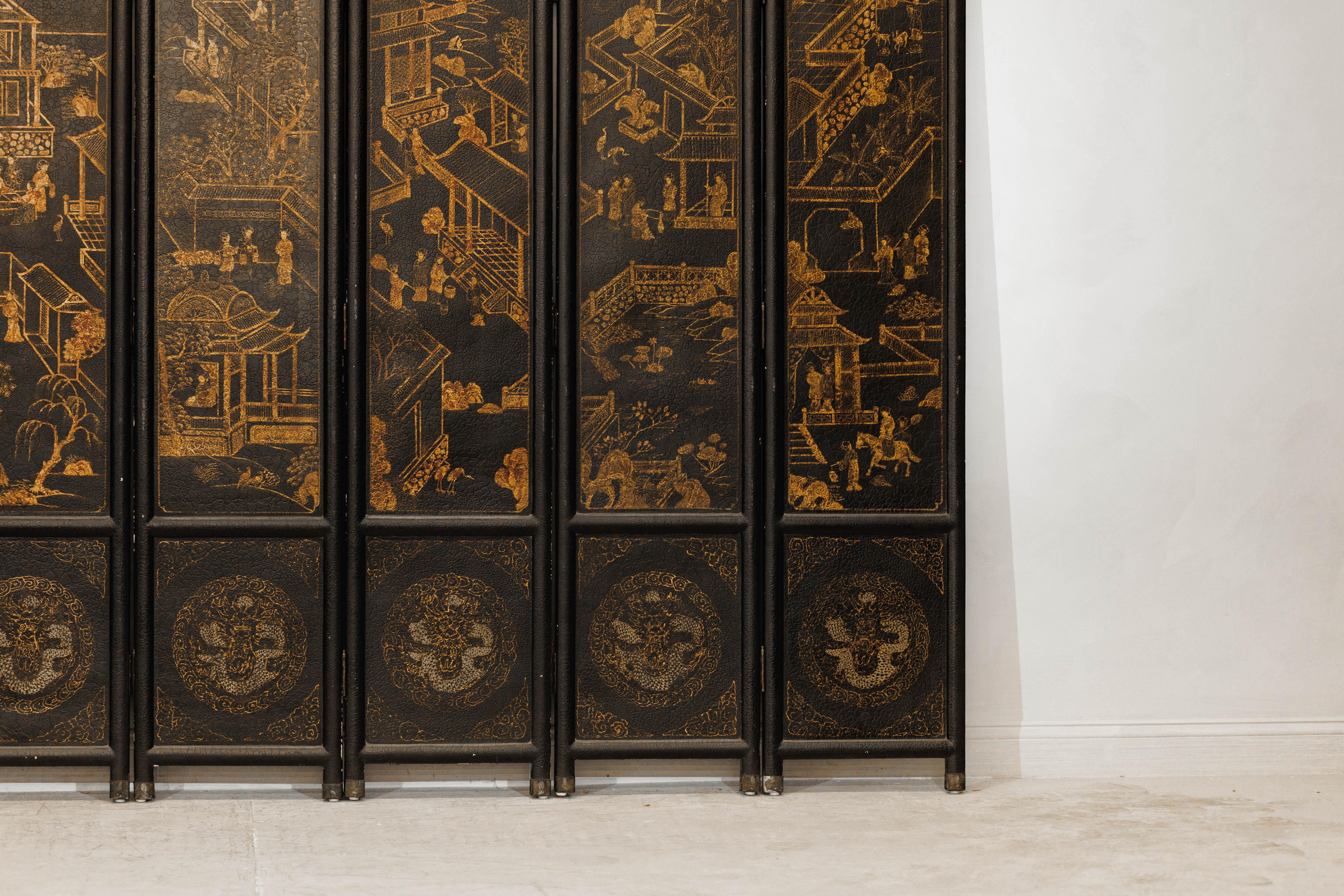 Leather Six-Panel Chinese Black Lacquer Screen with Hand-Painted Court Scenes For Sale
