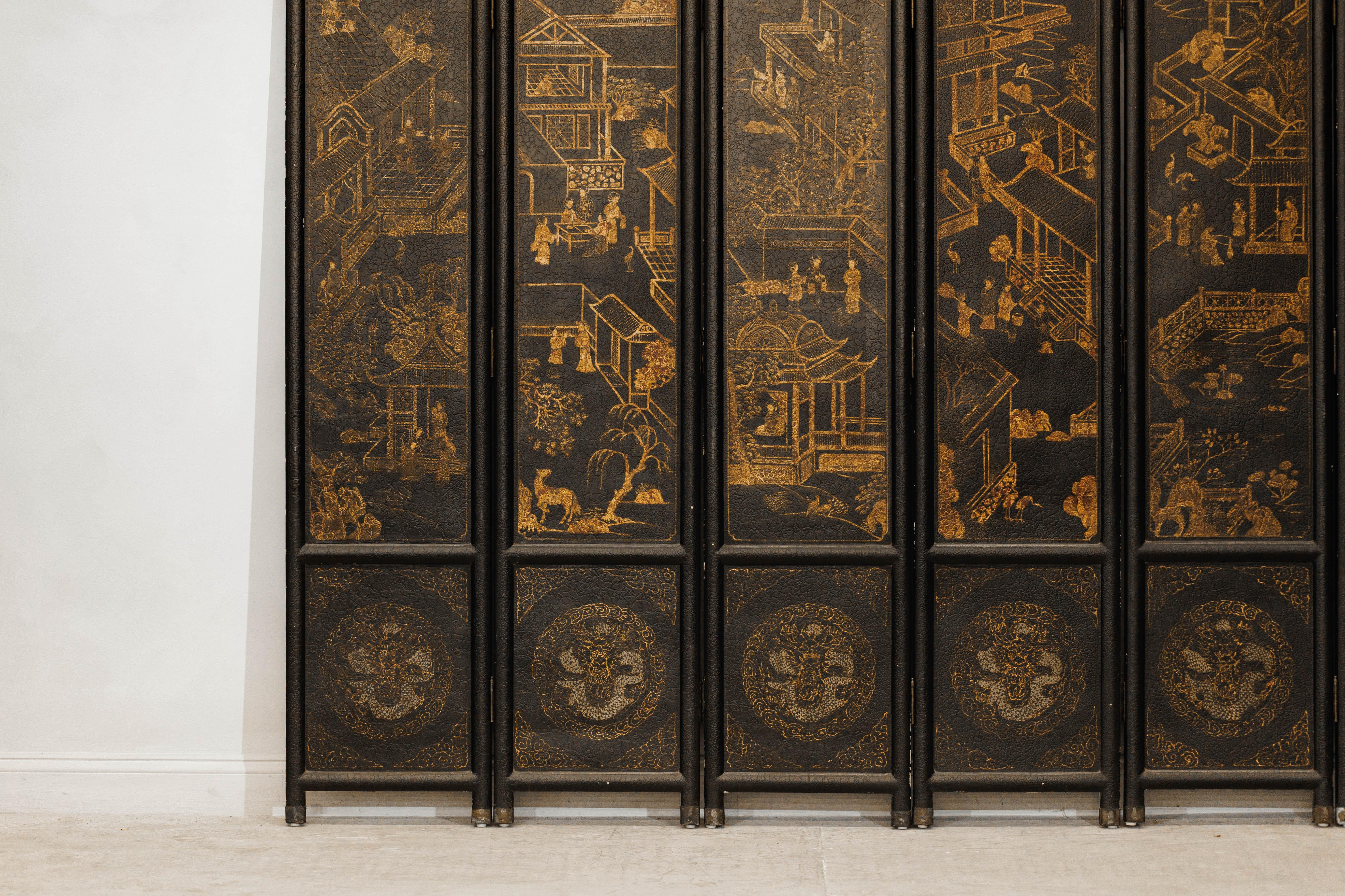 Six-Panel Chinese Black Lacquer Screen with Hand-Painted Court Scenes For Sale 1
