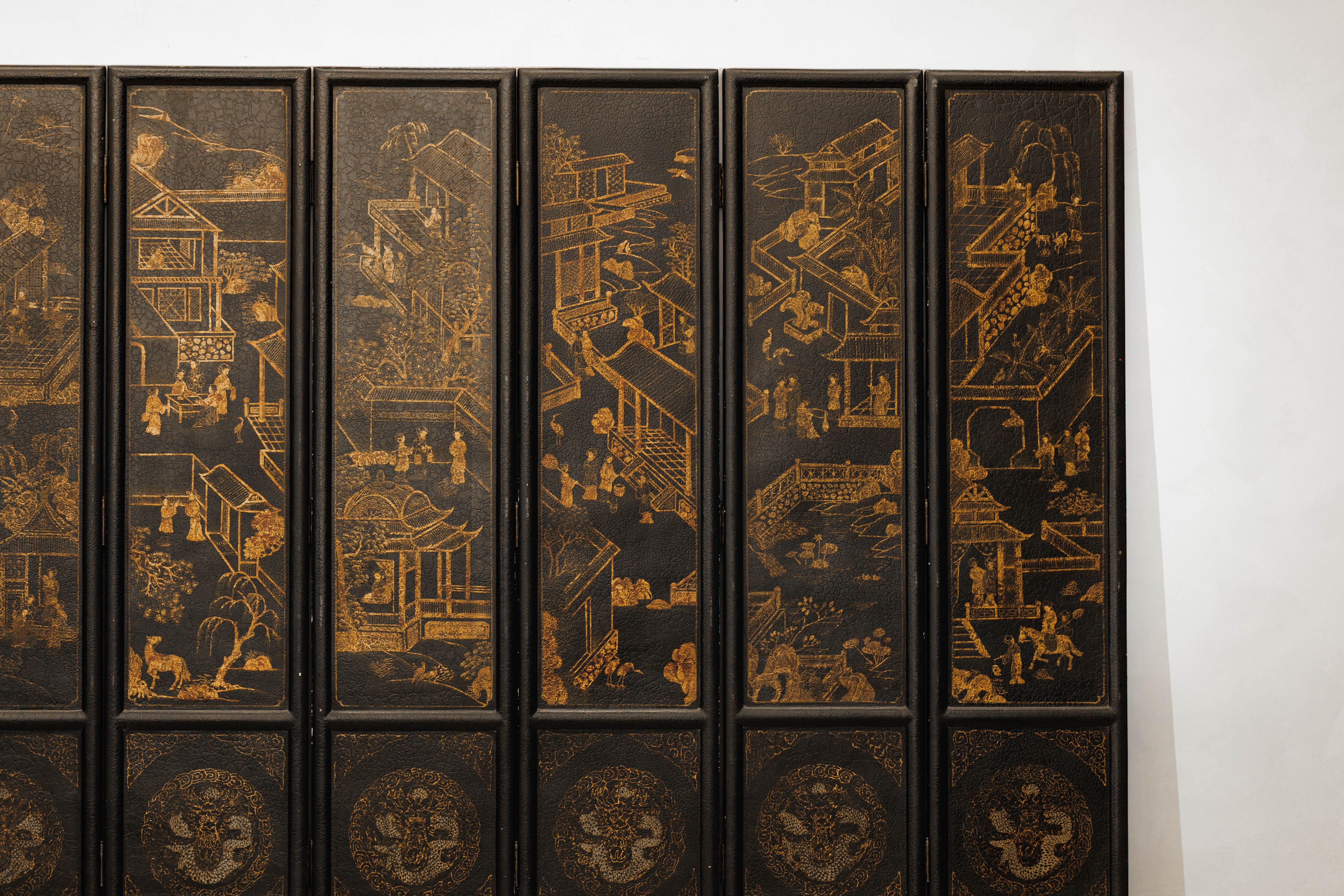Six-Panel Chinese Black Lacquer Screen with Hand-Painted Court Scenes For Sale 2