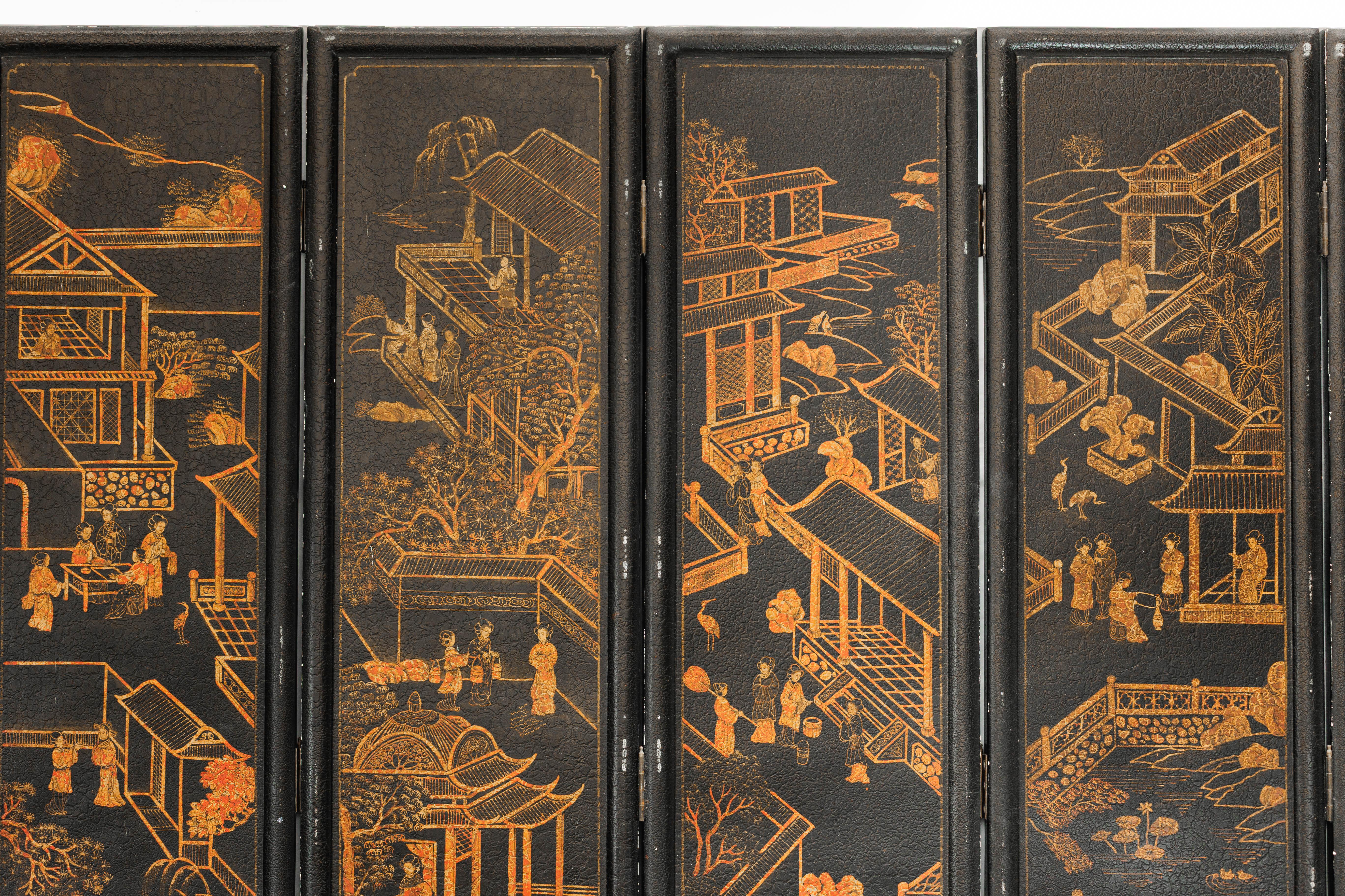Six-Panel Chinese Black Lacquer Screen with Hand-Painted Court Scenes For Sale 3