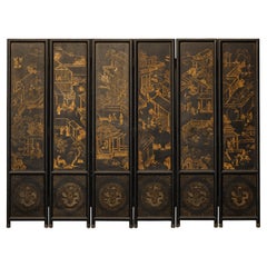 Six-Panel Chinese Black Lacquer Screen with Hand-Painted Court Scenes