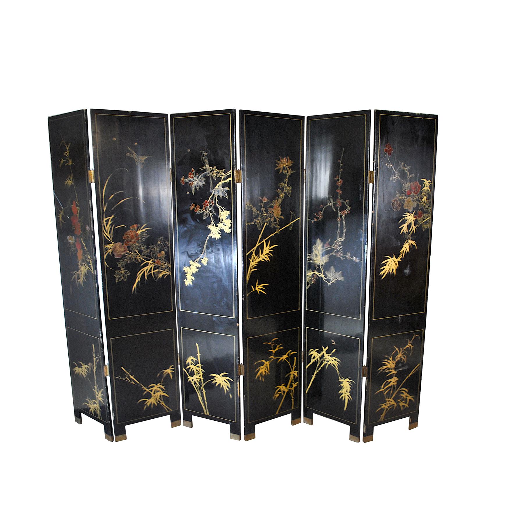 Six-Panel Chinese lacquered Screen , 19th Century 4