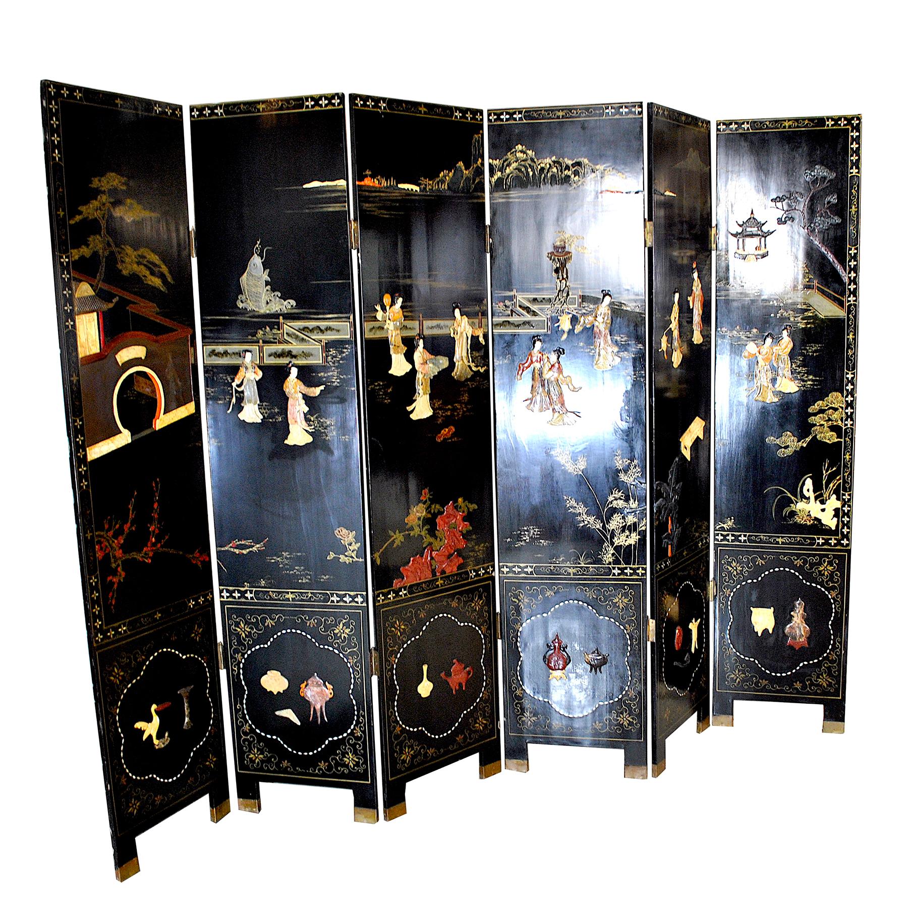 Inlay Six-Panel Chinese lacquered Screen , 19th Century
