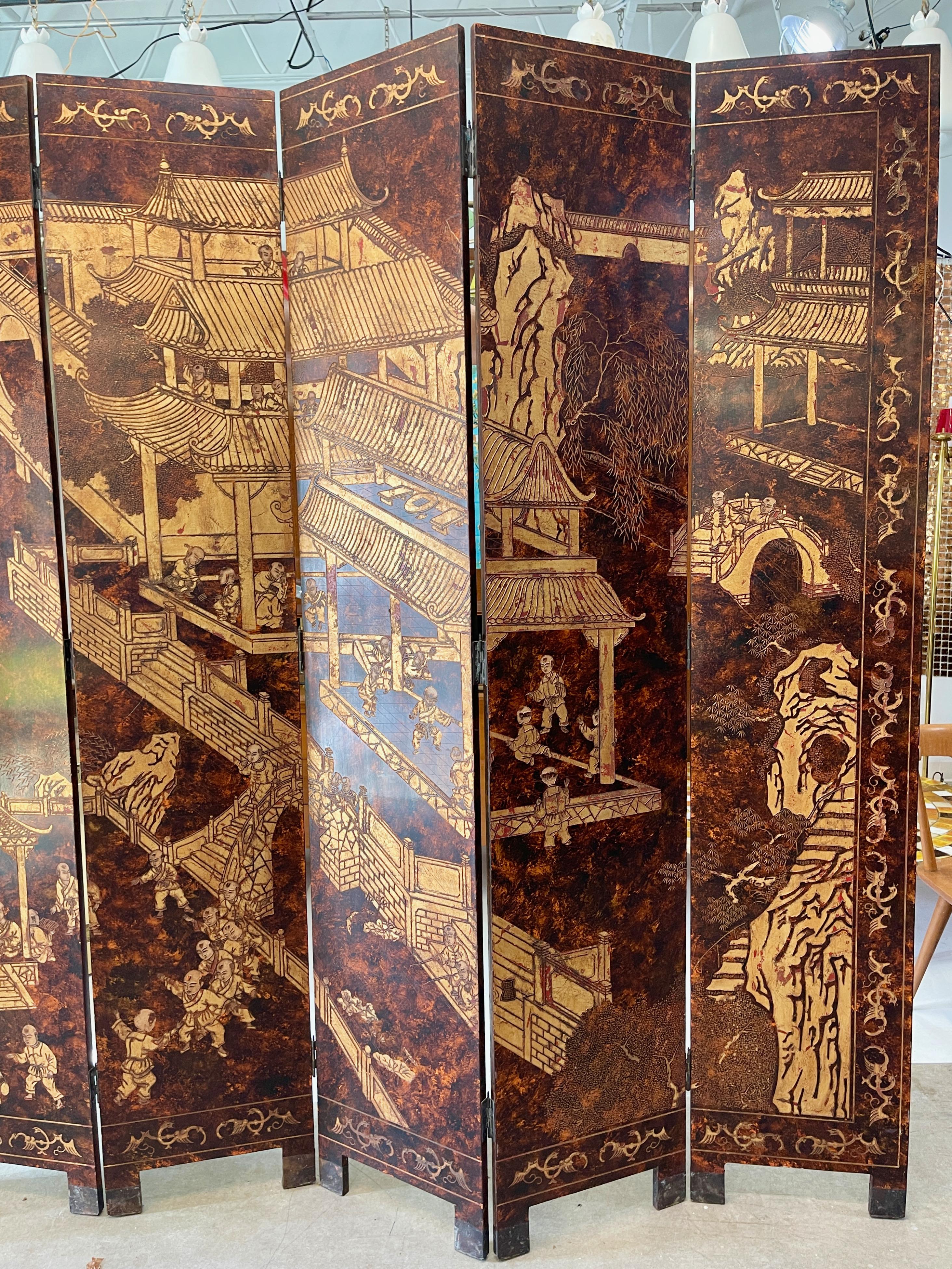 Six Panel Chinoiserie Coromandel Screen In Good Condition In Hanover, MA