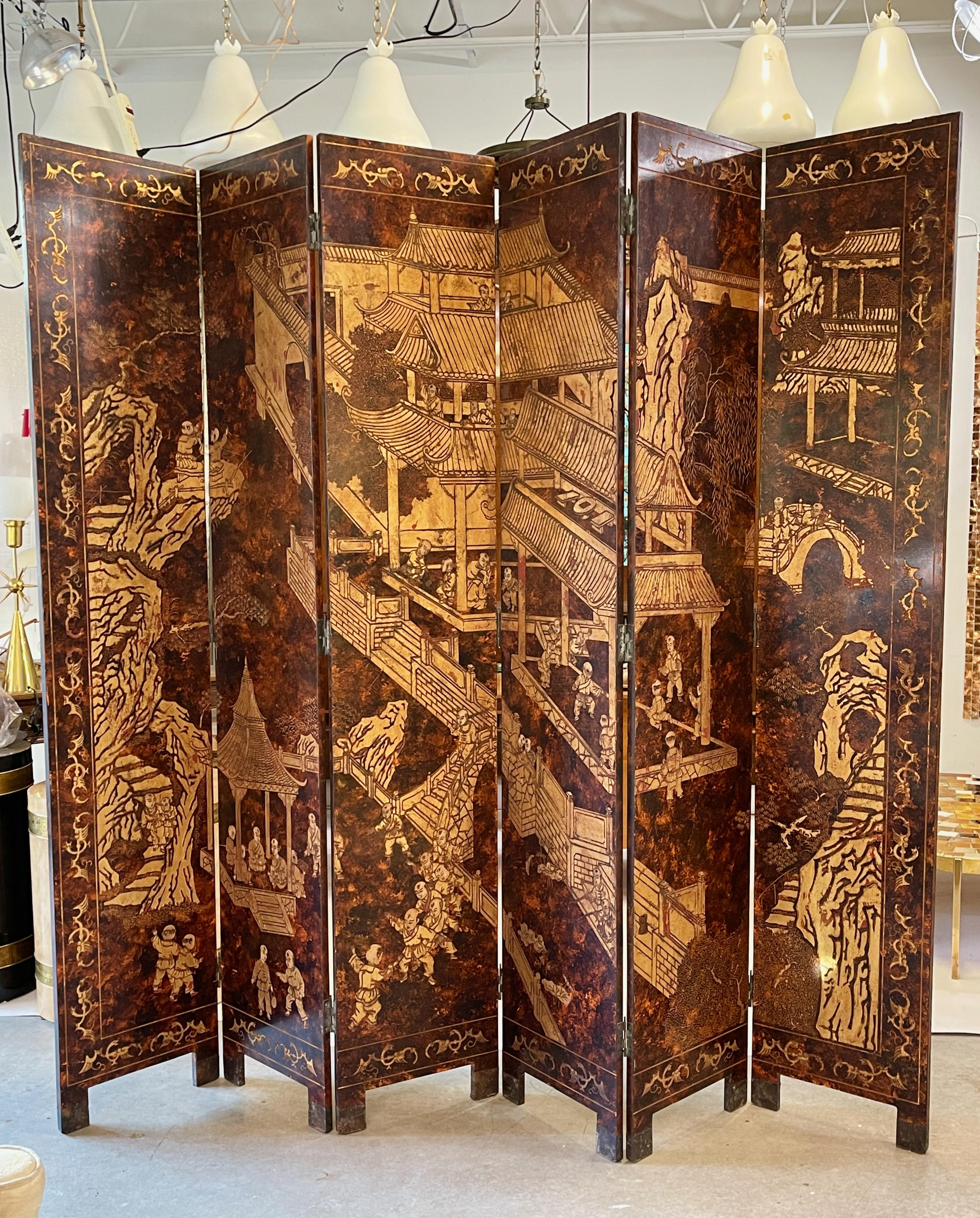 Late 20th Century Six Panel Chinoiserie Coromandel Screen