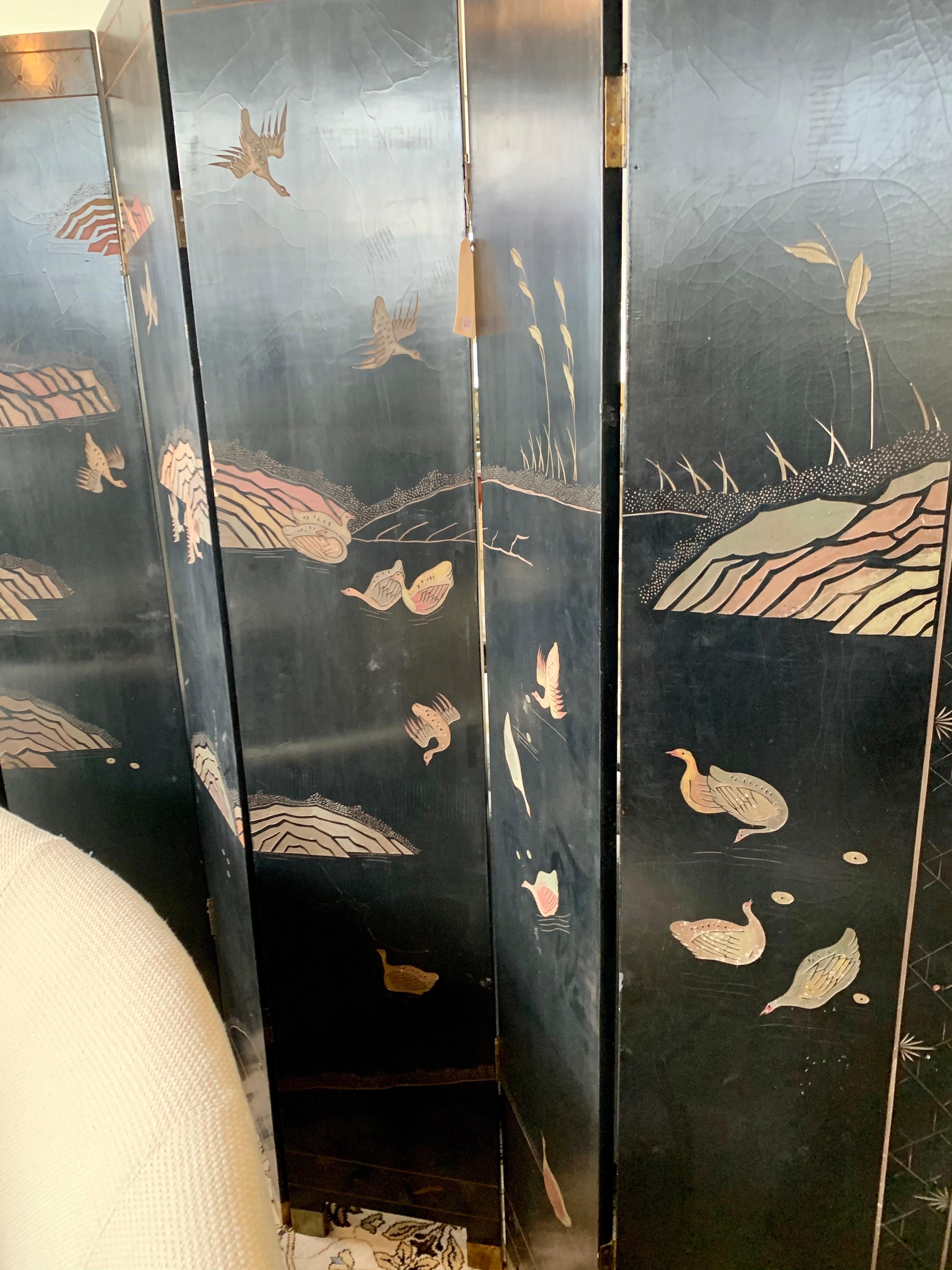 Six Panel Chinoiserie Lacquered Carved Coromandel Screen Double Sided 2