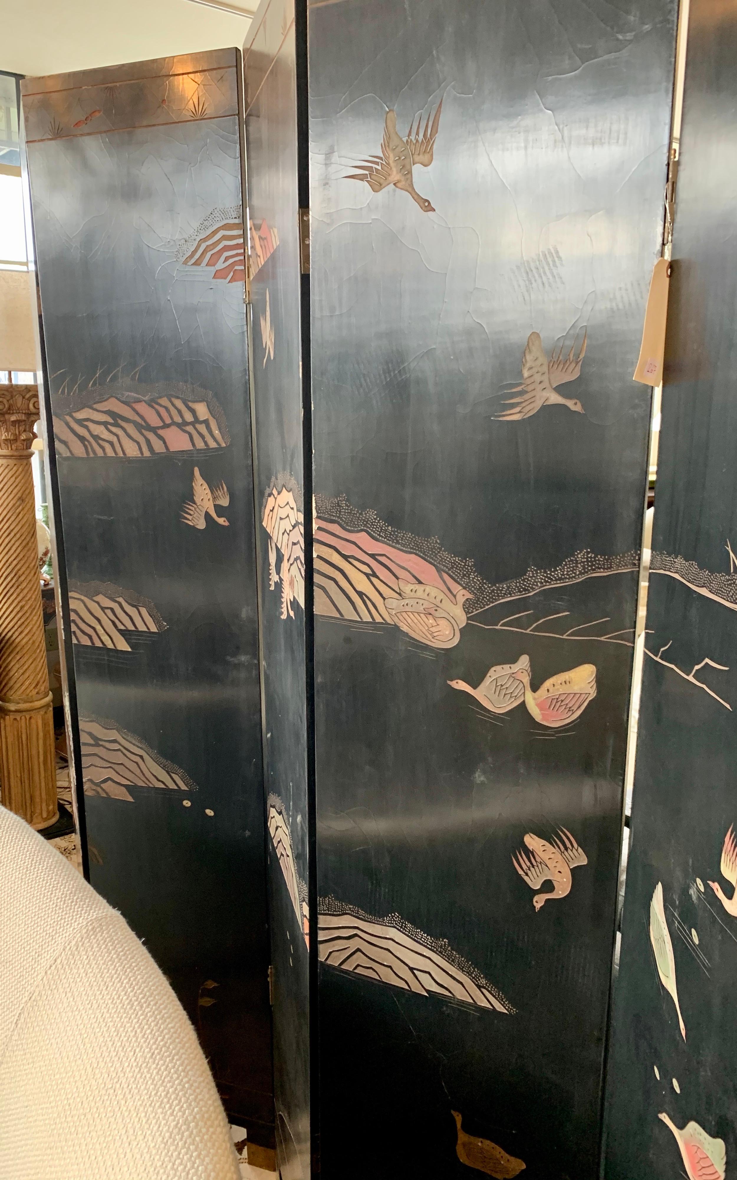 Six Panel Chinoiserie Lacquered Carved Coromandel Screen Double Sided 3