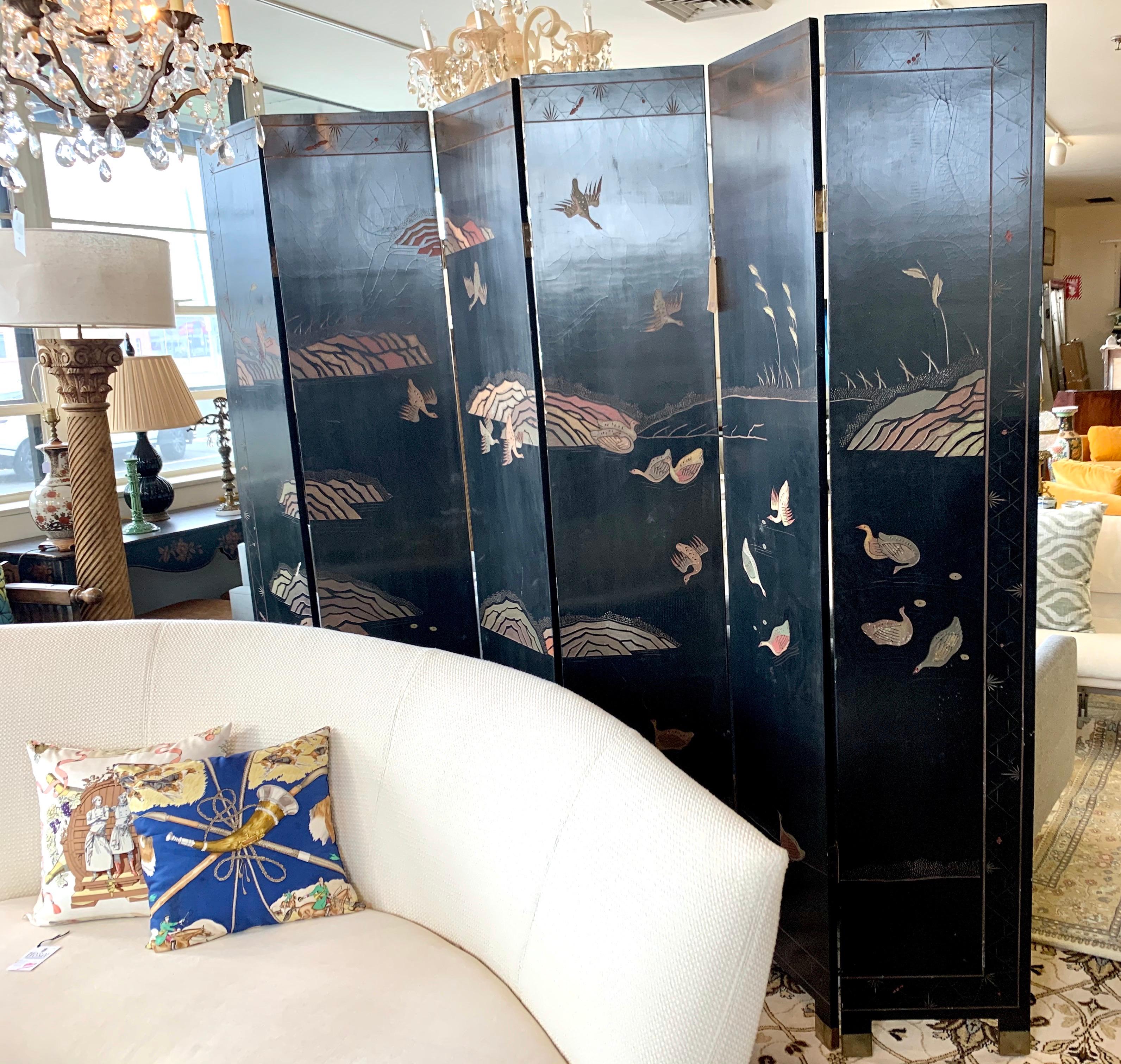 Six Panel Chinoiserie Lacquered Carved Coromandel Screen Double Sided 7