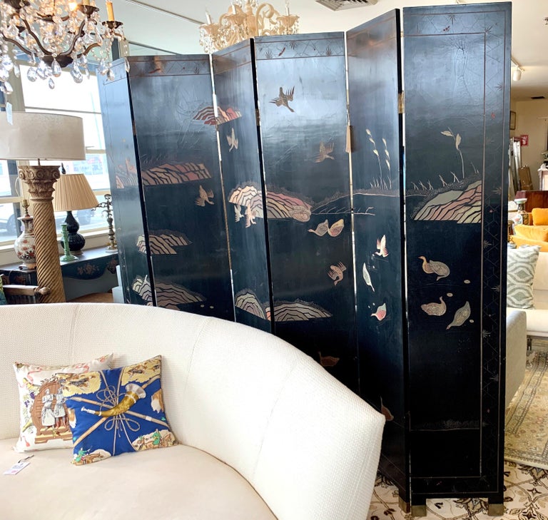 Six Panel Chinoiserie Lacquered Carved Coromandel Screen Double Sided For Sale 10