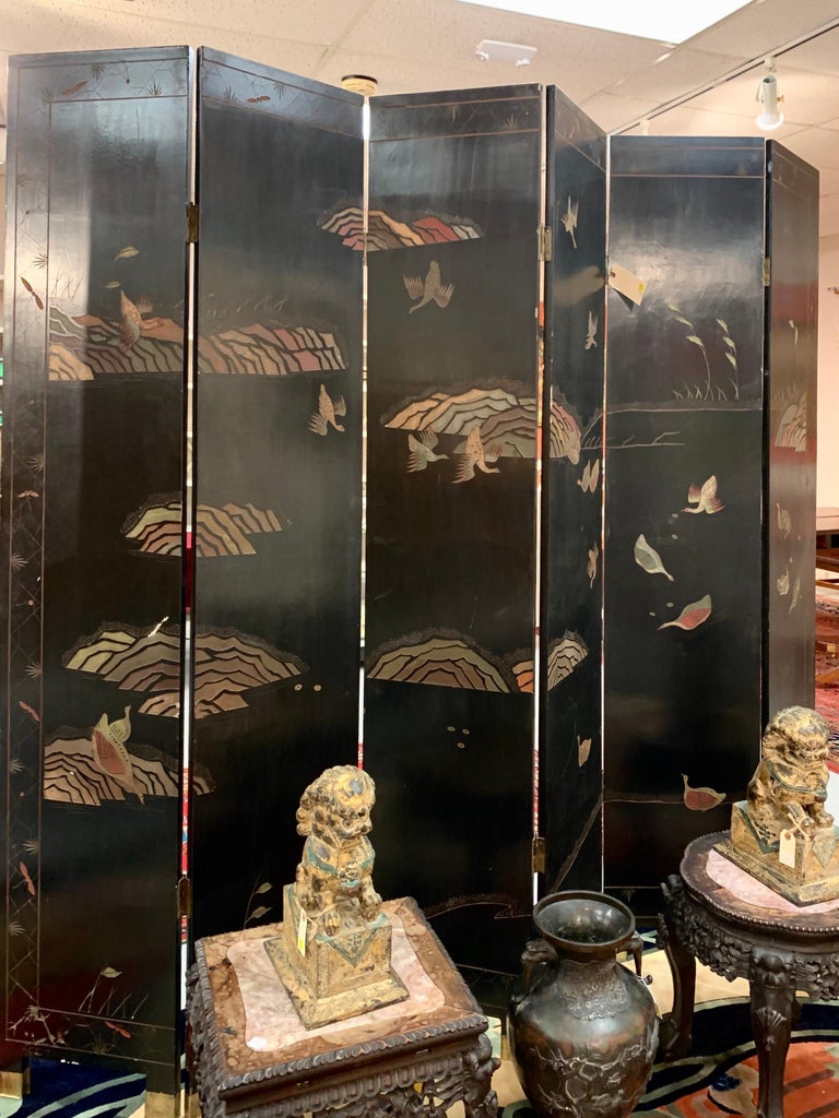 Six Panel Chinoiserie Lacquered Carved Coromandel Screen Double Sided In Good Condition For Sale In West Hartford, CT